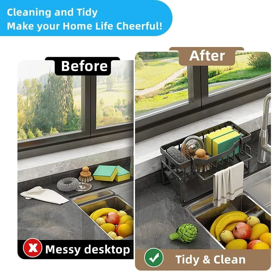 جا اسکاچی سینک TERRIFI با سینی تخلیه آب، نگهدارنده اسکاچ برای سینک ظرفشویی استیل ضد زنگ، مناسب برای اسکاچ، مایع ظرفشویی، حوله تمیز کننده، سیم ظرفشویی و لوازم آشپزخانه