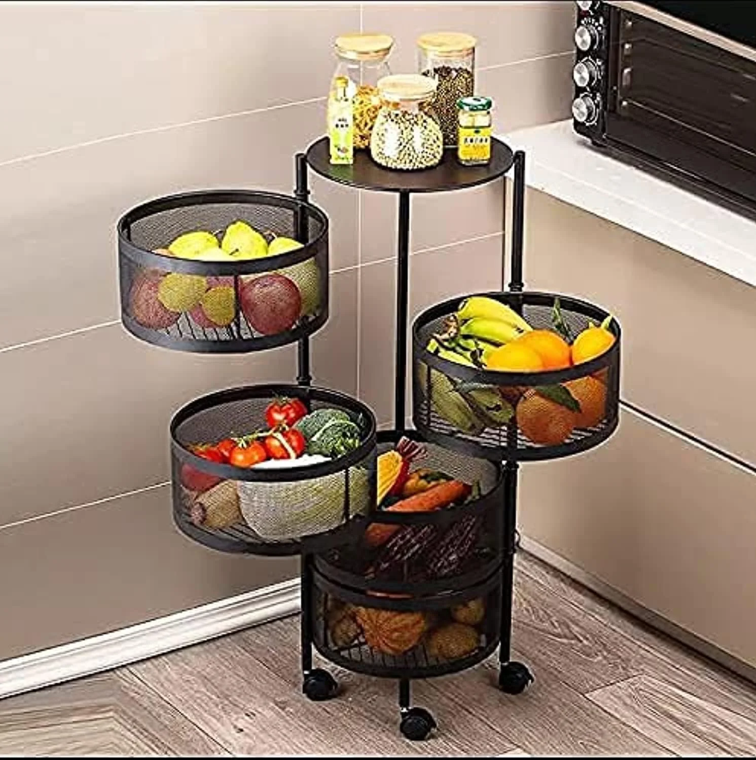 سبد میوه و سبزیجات آشپزخانه فلزی ضخیم شده جدید 4 طبقه، سبد گردان چند لایه، قفسه نگهداری چند منظوره، سازمان دهنده آشپزخانه