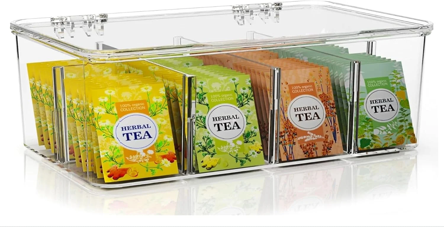 جعبه نظم دهنده چای کیسه ای اکرلیک، قابل چیدن، دارای درب، مناسب برای سازماندهی آشپزخانه، لوازم اداری چند منظوره، لوازم هنری و نظم دهنده منزل