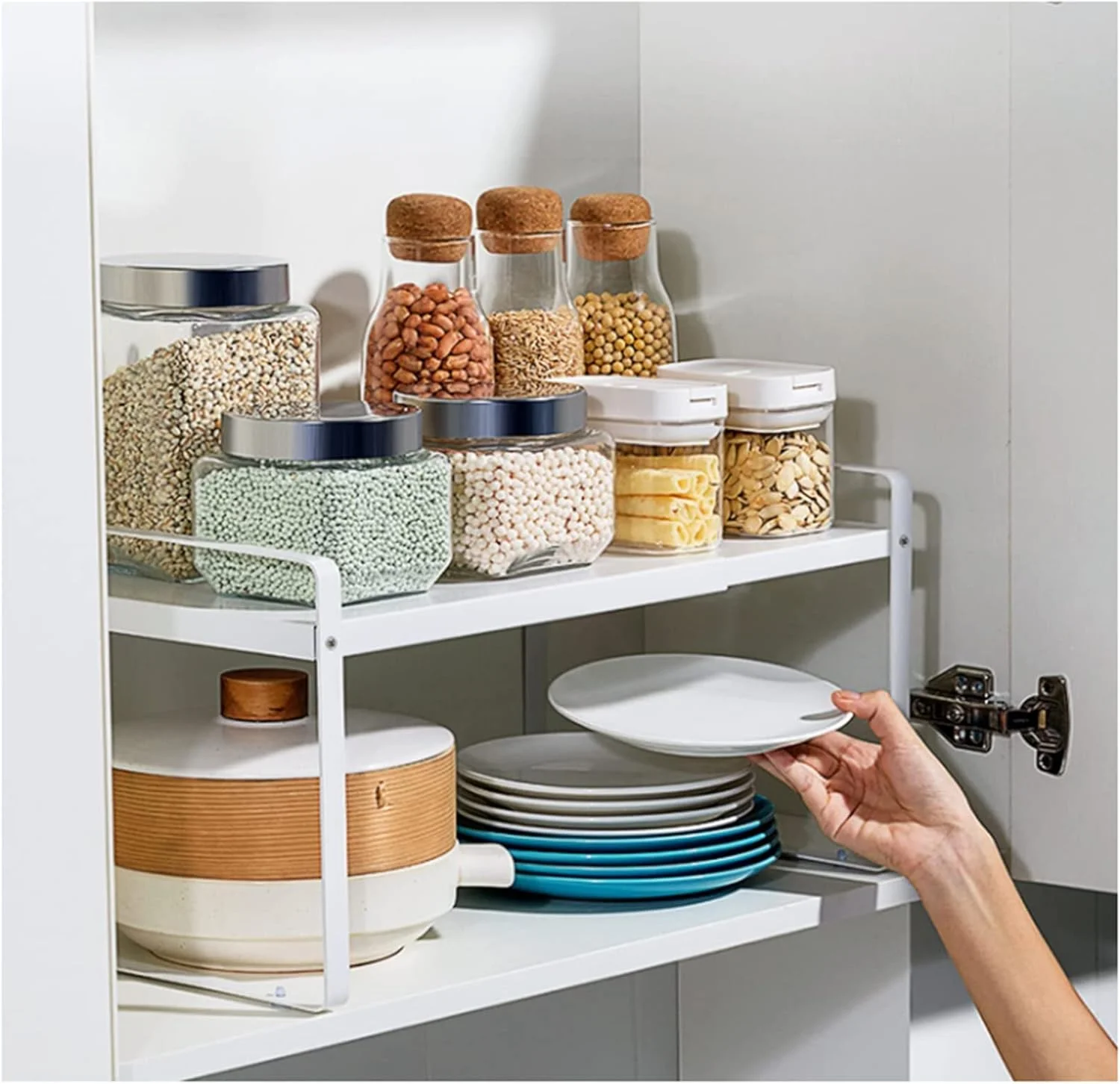قفسه ارگانایزر کابینت قابل گسترش TAME، قفسه های ارگانایزر کابینت آشپزخانه، ارگانایزر قفسه ادویه، ارگانایزر کمد، قفسه انباری کابینت، استند قفسه ادویه کابینت آشپزخانه (سفید)