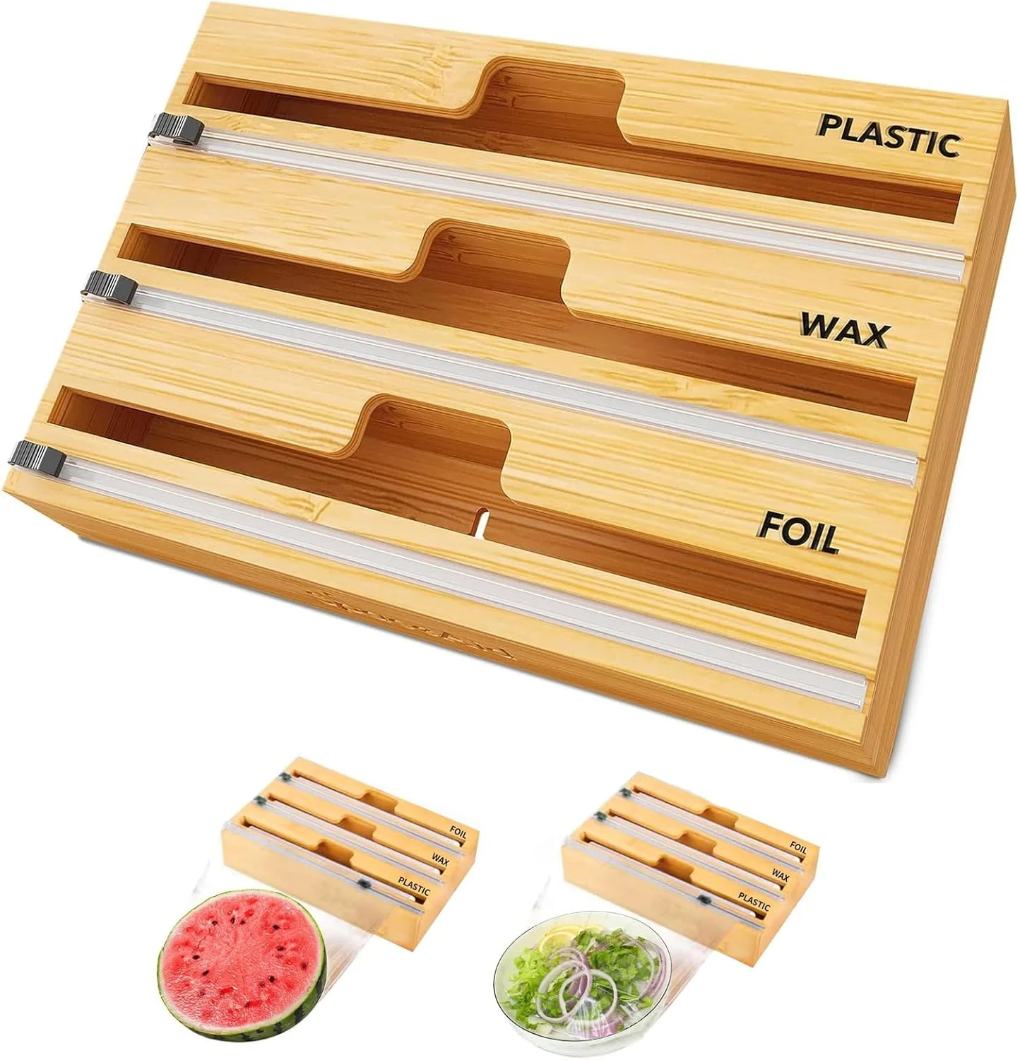 جعبه نظم دهنده و برشگر 3 در 1 تزویق برای سلفون، فویل آلومینیومی و کاغذ روغنی بامبو، مناسب برای قفسه های نظم دهی آشپزخانه