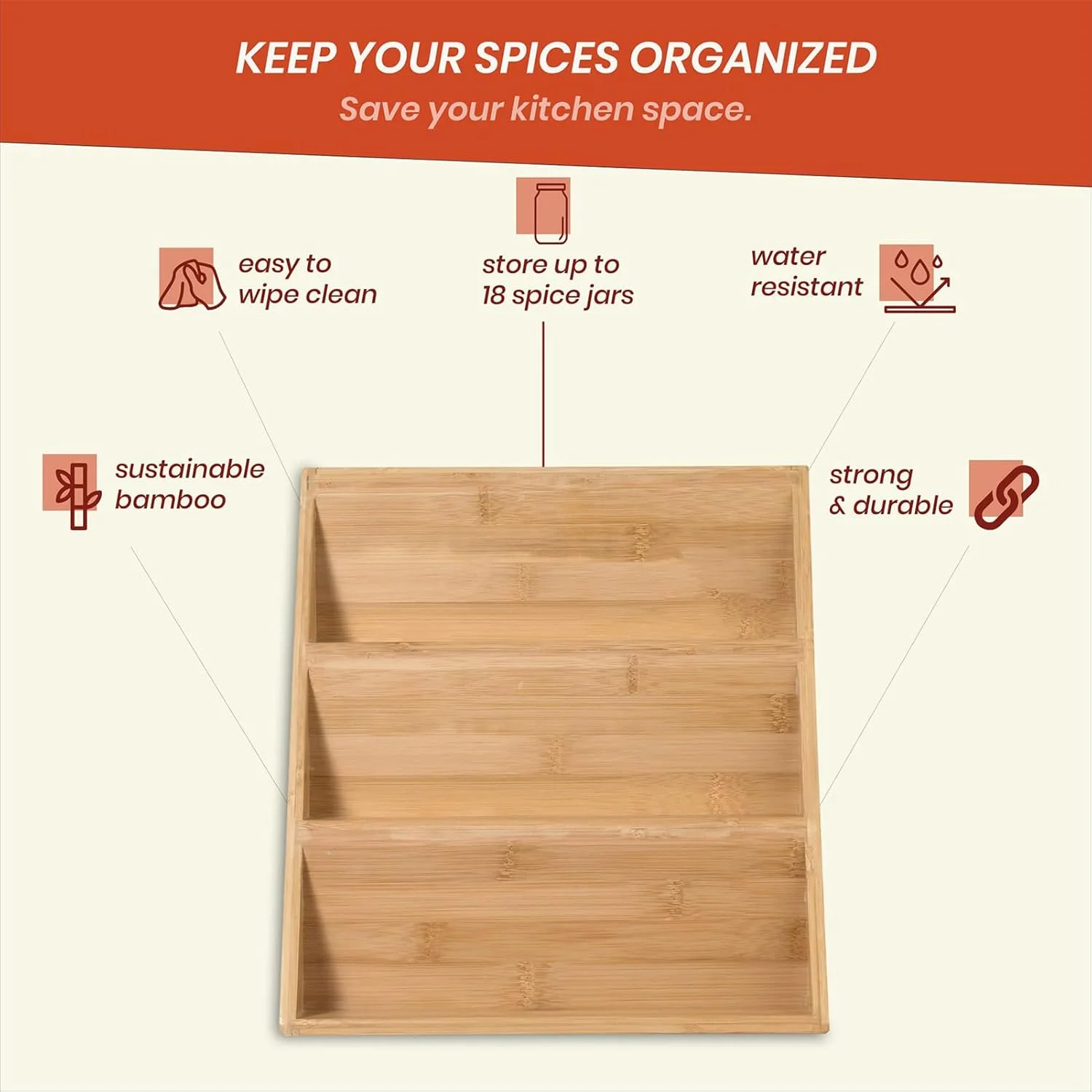 ارگانایزر قفسه ادویه TAME، قفسه ادویه چوبی 3 طبقه برای روی کابینت آشپزخانه، ارگانایزر چاشنی قفسه کشویی ادویه، قفسه بالابر نمایشگر ارگانایزر روی کابینت آشپزخانه با صرفه جویی در فضا