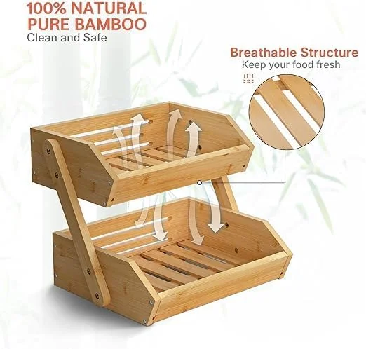 سبد میوه بامبو TAYGUM برای پیشخوان آشپزخانه، قفسه نگهداری میوه با ظرفیت بزرگ، کاسه سبزیجات، نگهدارنده پایه، سازمان دهنده رومیزی (دو طبقه)