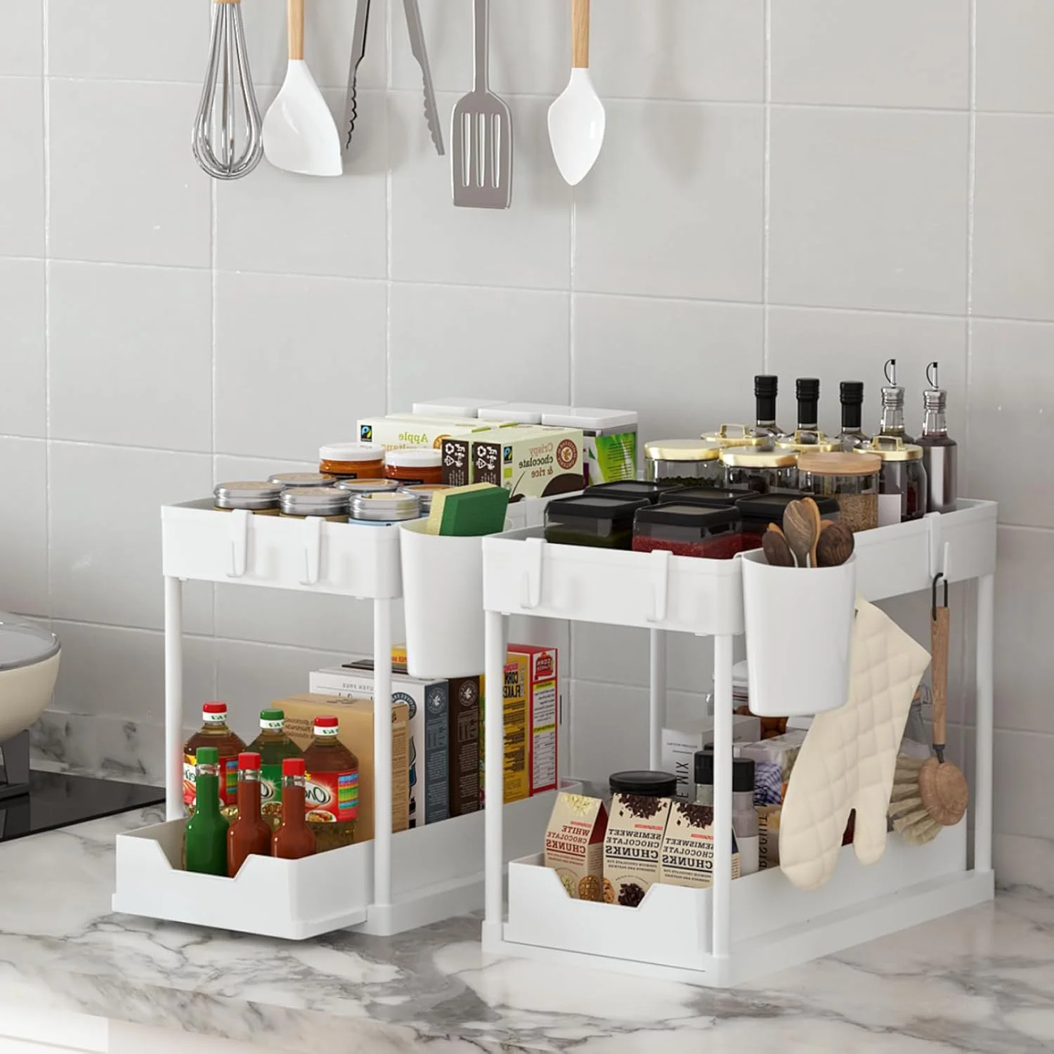 TAVENSHOP بسته 2 عددی سازمان دهنده کابینت حمام، سازمان دهنده و نگهداری زیر سینک، کشو زیر کابینت 2 طبقه کشویی، سازمان دهنده زیر سینک آشپزخانه با کشو کشویی - سفید