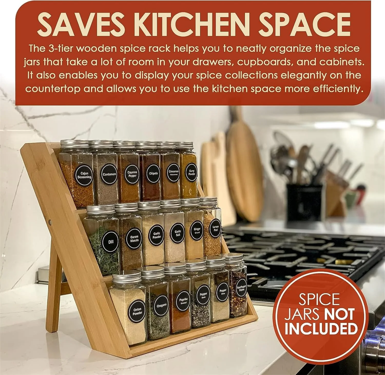 ارگانایزر قفسه ادویه TAME، قفسه ادویه چوبی 3 طبقه برای روی کابینت آشپزخانه، ارگانایزر چاشنی قفسه کشویی ادویه، قفسه بالابر نمایشگر ارگانایزر روی کابینت آشپزخانه با صرفه جویی در فضا