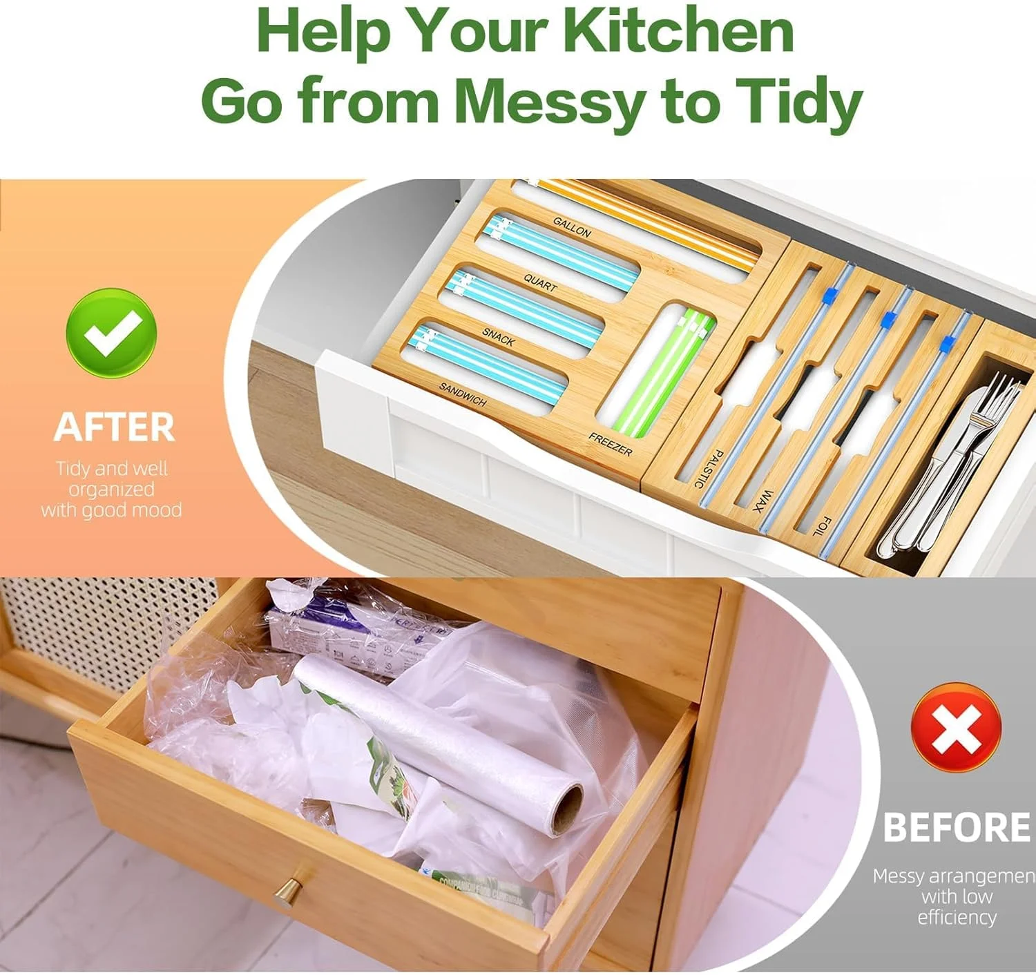 تزویق جا دستمال سفره پلاستیکی 9 در 1 (همراه با برشگر)، سازمان دهنده و نگهدارنده آشپزخانه، سازمان دهنده کیسه های چسبیده بامبو برای کشوی آشپزخانه، برای گالن، کوارت، تنقلات، اندازه های مختلف کیسه های چسبیده