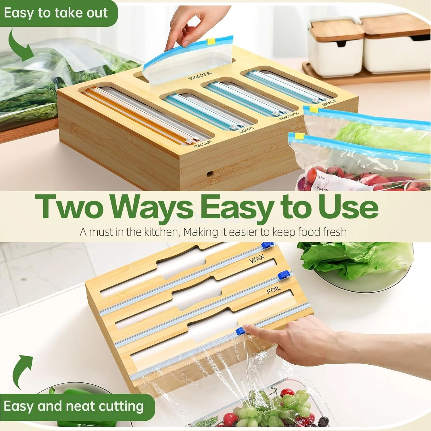 تزویق جا دستمال سفره پلاستیکی 9 در 1 (همراه با برشگر)، سازمان دهنده و نگهدارنده آشپزخانه، سازمان دهنده کیسه های چسبیده بامبو برای کشوی آشپزخانه، برای گالن، کوارت، تنقلات، اندازه های مختلف کیسه های چسبیده