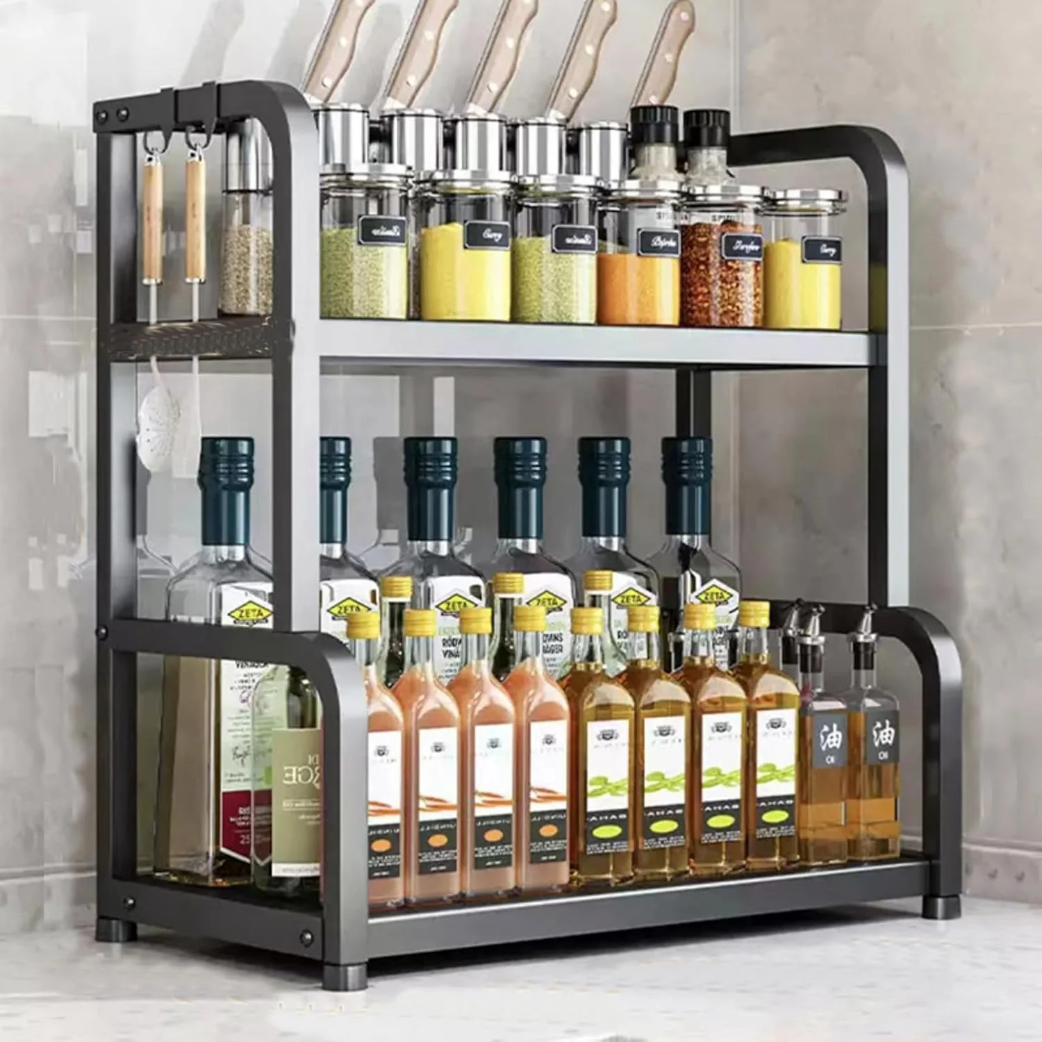 ارگانایزر قفسه ادویه TAME برای روی کابینت، ارگانایزر 2 طبقه کابینت آشپزخانه، قفسه ارگانایزر چاشنی استیل ضد زنگ، قفسه ذخیره سازی برای آشپزخانه حمام
