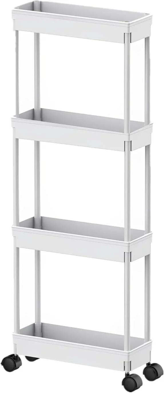 ارابه باریک 4 طبقه TAME، سازمان دهنده حمام، واحد قفسه بندی متحرک، ارابه کاربردی چرخ دار کشویی برای آشپزخانه، حمام، رختشوی خانه، مکان های باریک (سفید)