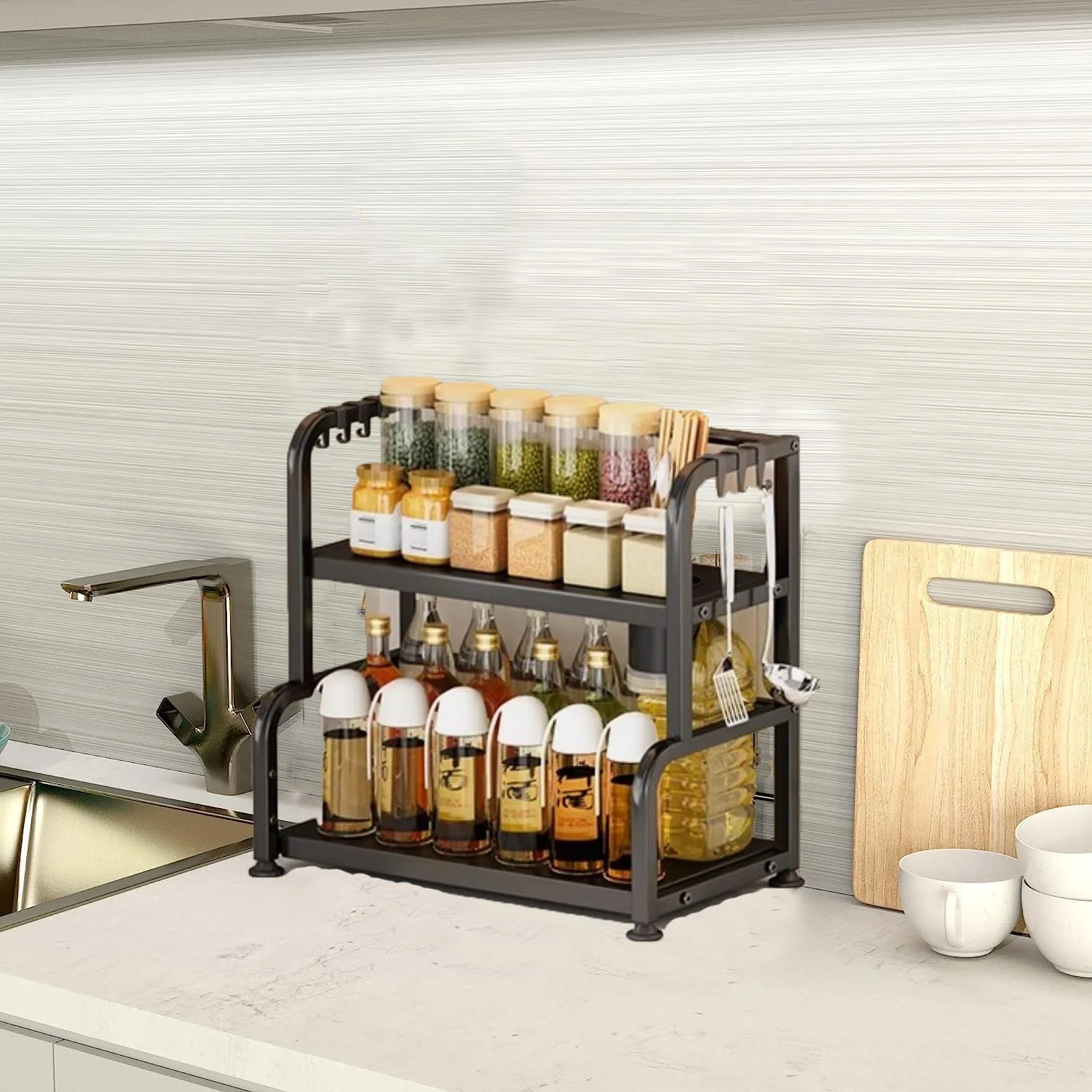 ارگانایزر قفسه ادویه TAME برای روی کابینت، ارگانایزر 2 طبقه کابینت آشپزخانه، قفسه ارگانایزر چاشنی استیل ضد زنگ، قفسه ذخیره سازی برای آشپزخانه حمام