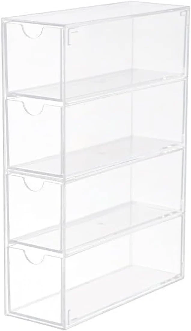 سازمان دهنده پلاستیکی آشپزخانه، کابینت، پیشخوان Sunomy با 4 کشو برای قهوه، چای، بسته های شکر، شیرین کننده ها، خامه زن ها، غلاف های نوشیدنی، بسته ها - 4 بخش - شفاف