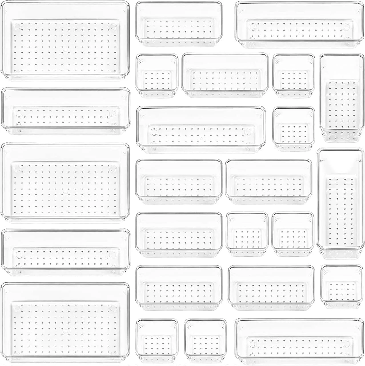 STORESLA™ ست 25 عددی تقسیم کننده کشو پلاستیکی شفاف برای نگهداری لوازم آرایش، تقسیم کننده کشو چند منظوره در 4 سایز مختلف برای حمام، میز آرایش، آشپزخانه، لوازم و وسایل اداری