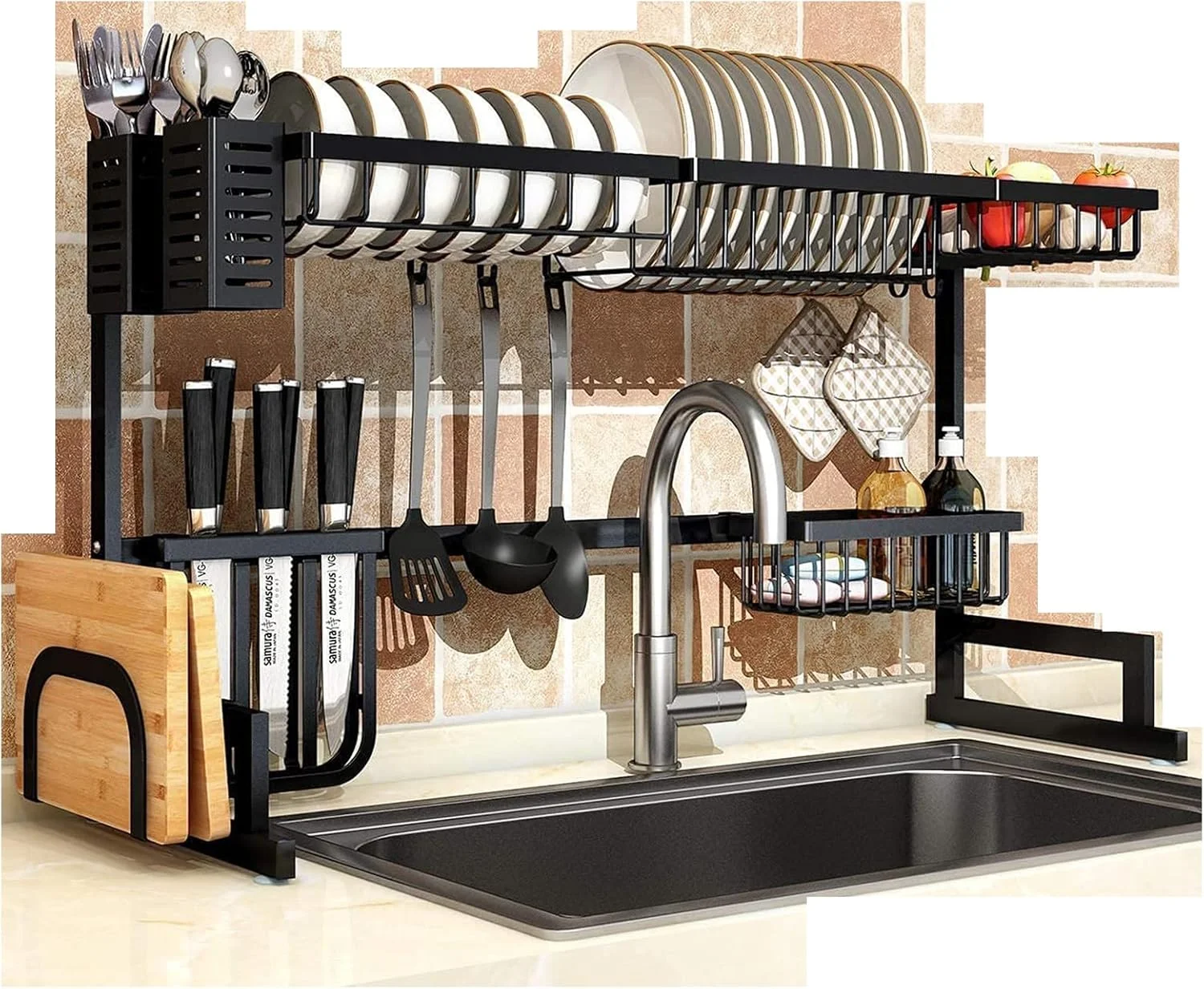 آبچکان ظرفشویی سینک ظرفشویی Sulfar | قفسه آبچکان برای نگهداری لوازم آشپزخانه | سازمان دهنده لوازم روی کابینت، نگهدارنده ظروف، استیل ضد زنگ، صرفه جویی در فضا (مشکی، 85 سانتی متر)