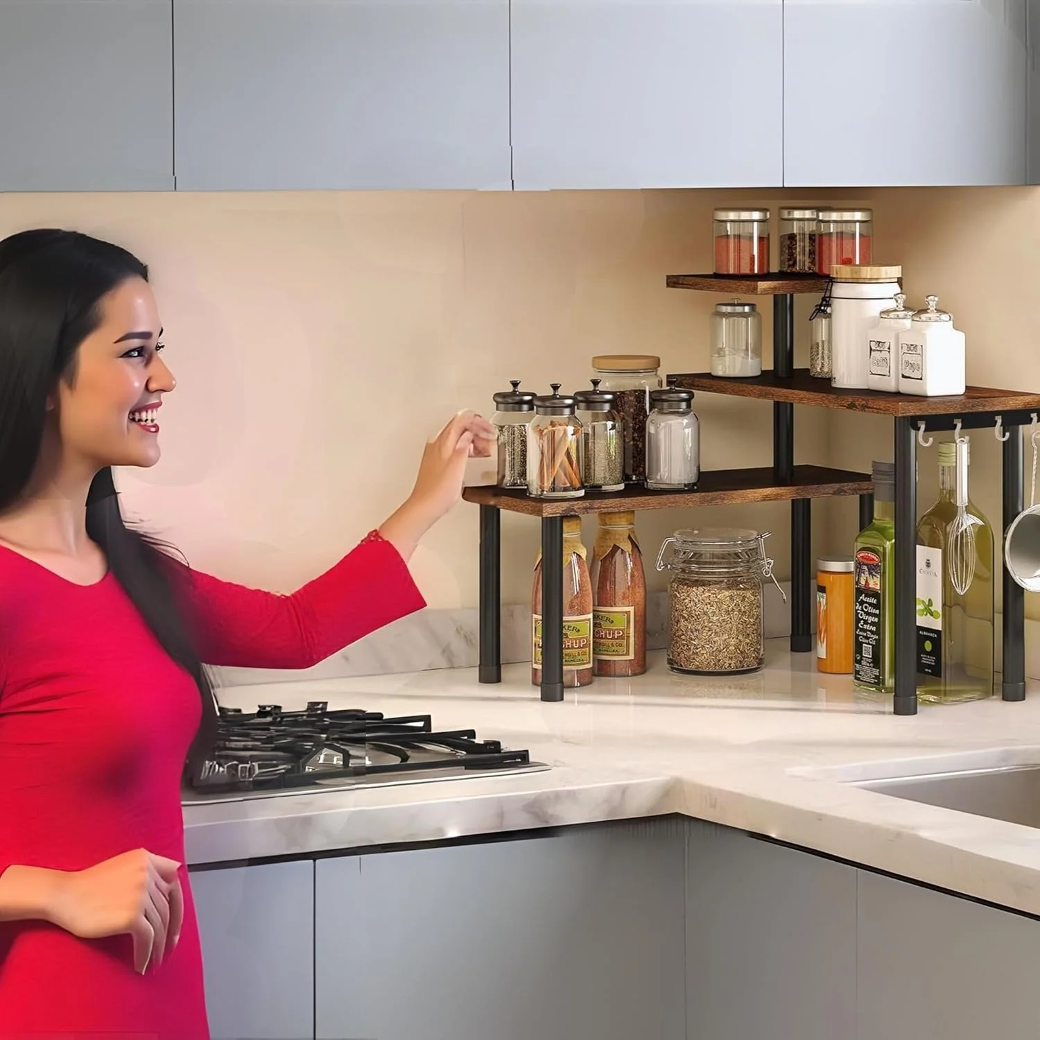 قفسه چوبی شیک ABJA برای نگهداری لوازم آشپزخانه، قفسه گوشه ای برای آشپزخانه، قفسه سازمان دهنده، استند 3 طبقه ادویه، روغن، قفسه قابل تنظیم رومیزی برای لوازم آرایش، دفتر کار (قهوه ای روستیک، 3 طبقه)