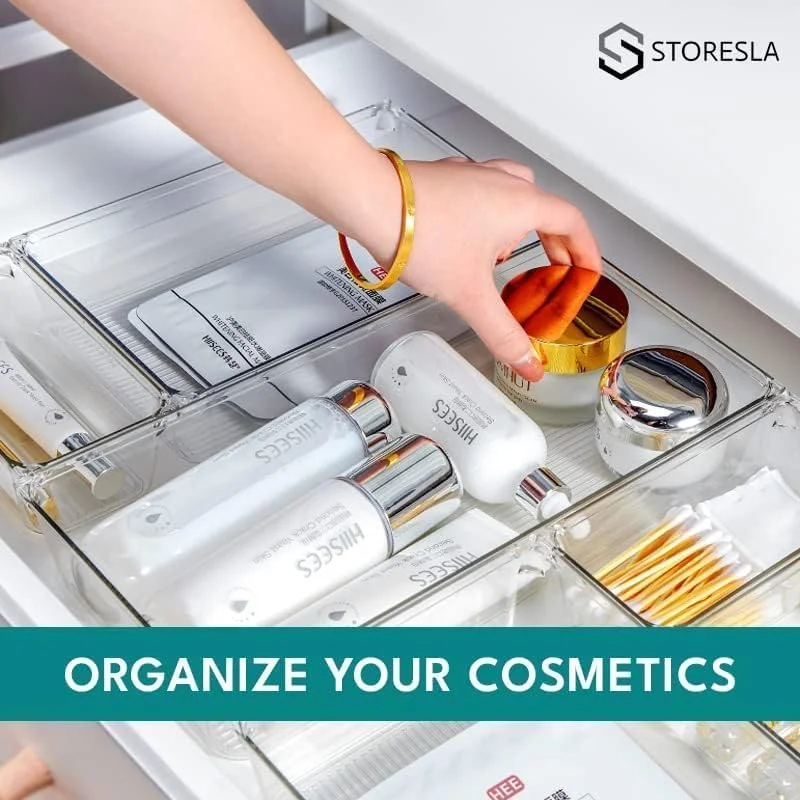 STORESLA™ ست 25 عددی تقسیم کننده کشو پلاستیکی شفاف برای نگهداری لوازم آرایش، تقسیم کننده کشو چند منظوره در 4 سایز مختلف برای حمام، میز آرایش، آشپزخانه، لوازم و وسایل اداری
