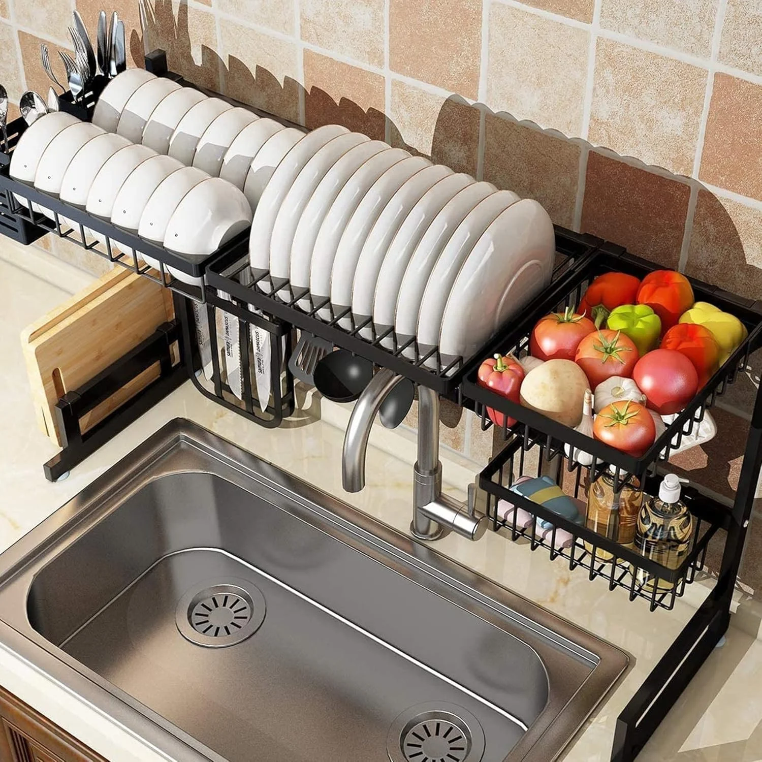 آبچکان ظرفشویی سینک ظرفشویی Sulfar | قفسه آبچکان برای نگهداری لوازم آشپزخانه | سازمان دهنده لوازم روی کابینت، نگهدارنده ظروف، استیل ضد زنگ، صرفه جویی در فضا (مشکی، 85 سانتی متر)