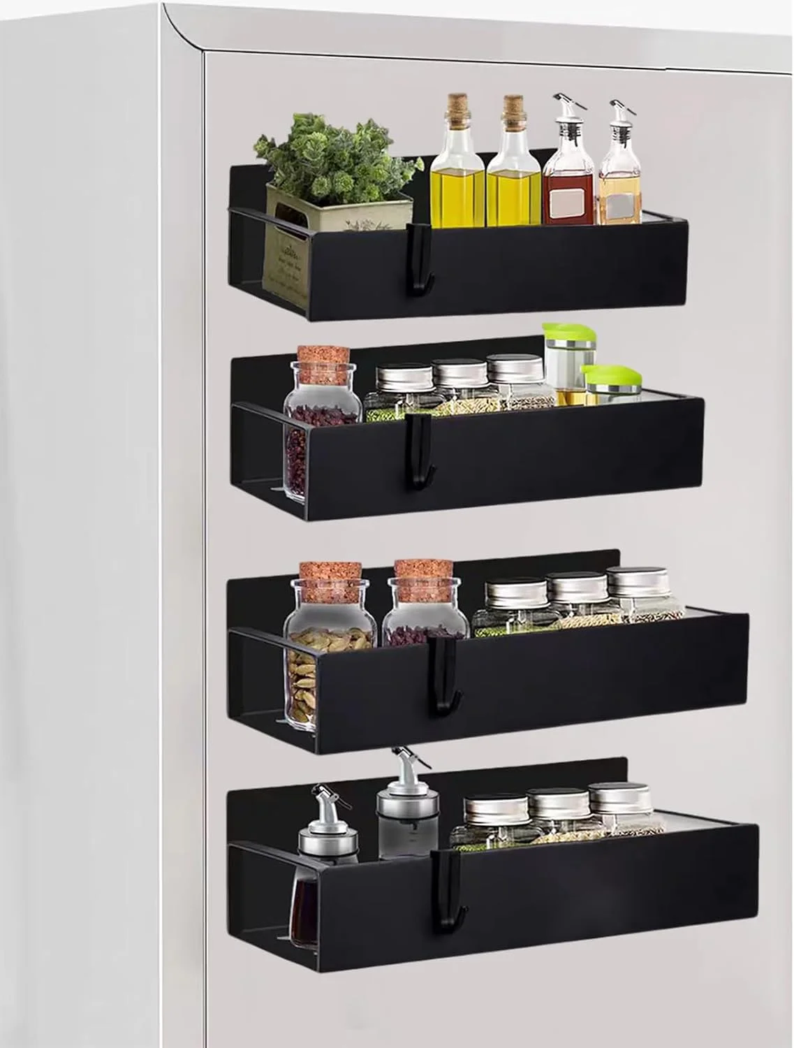 قفسه نگهداری ادویه، بسته 4 عددی قفسه ادویه مغناطیسی با 4 قلاب برای کابینت و یخچال، نگهدارنده پایه انبار مغناطیسی برای یخچال، اجاق گاز، دیوار و حمام، سازمان دهنده آشپزخانه، (مشکی)