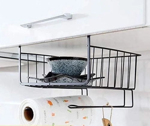ارگانایزر قفسه ذخیره سازی SHOWAY، با 2 ریل آویز، 5 قلاب و سبد برای ظروف آشپزخانه، نگهدارنده زیر قفسه، رنگ های متنوع