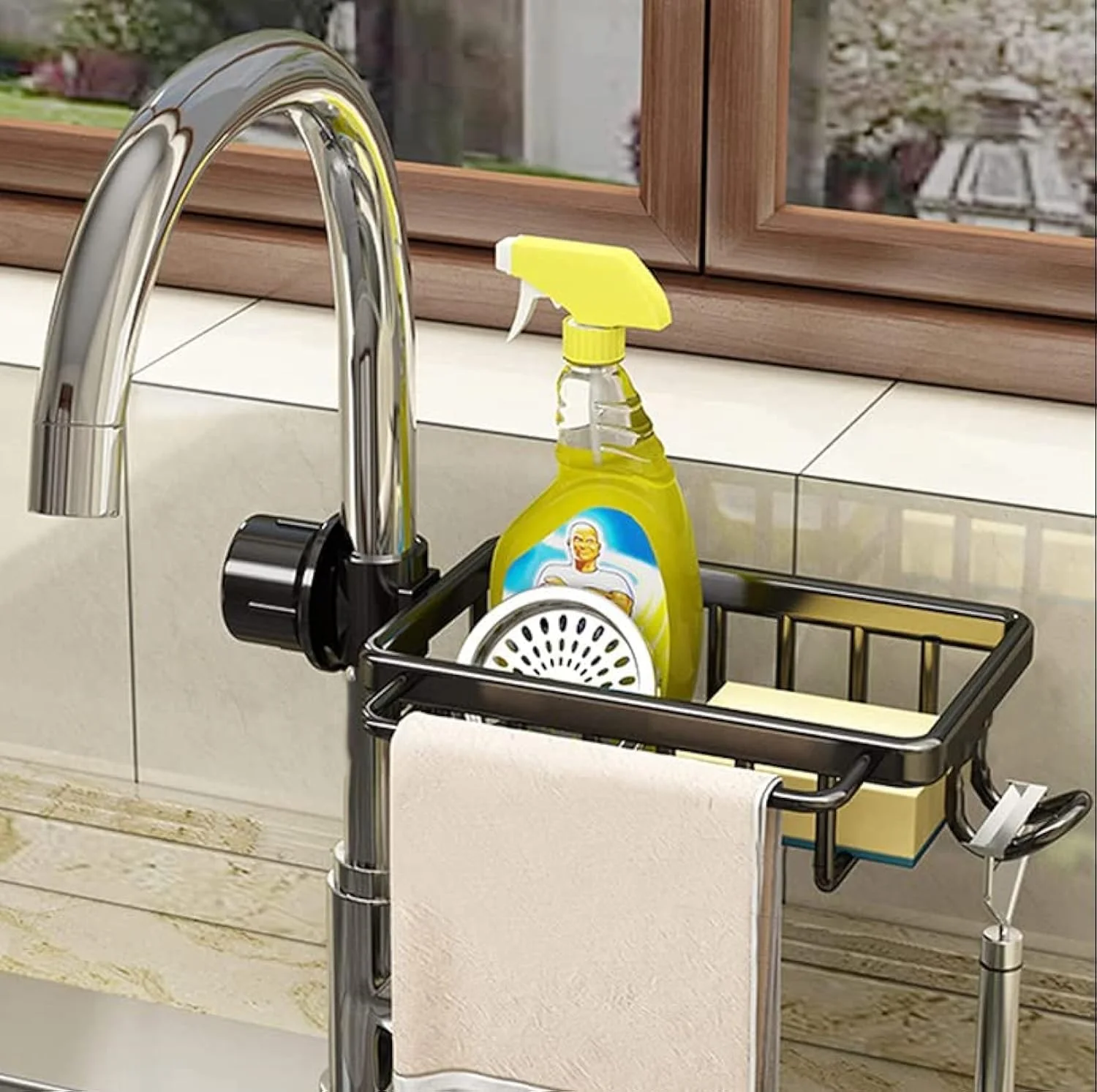 جا اسکاچی استیل ضد زنگ سینک ظرفشویی، سازمان دهنده آویز سینک، قفسه تخلیه آب برای سازماندهی سینک، نگهدارنده برس شیشه شور (تک با قفسه پارچه ظرف)
