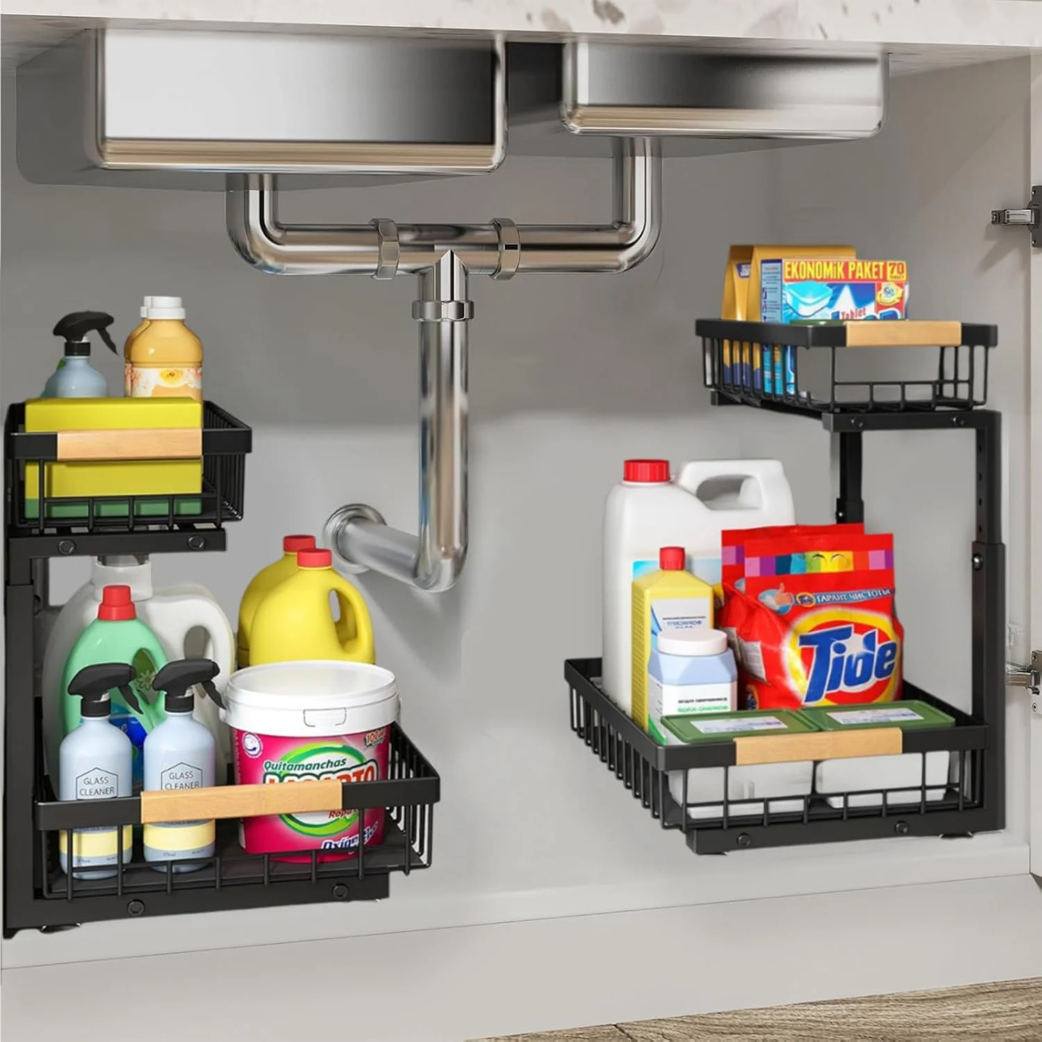 ارگانایزر زیر سینک SPNOR، ارگانایزر و قفسه های دو طبقه زیر سینک، قفسه کشویی کابینت، کشوی فلزی برای سازماندهی کابینت آشپزخانه، حمام، انباری و کمد