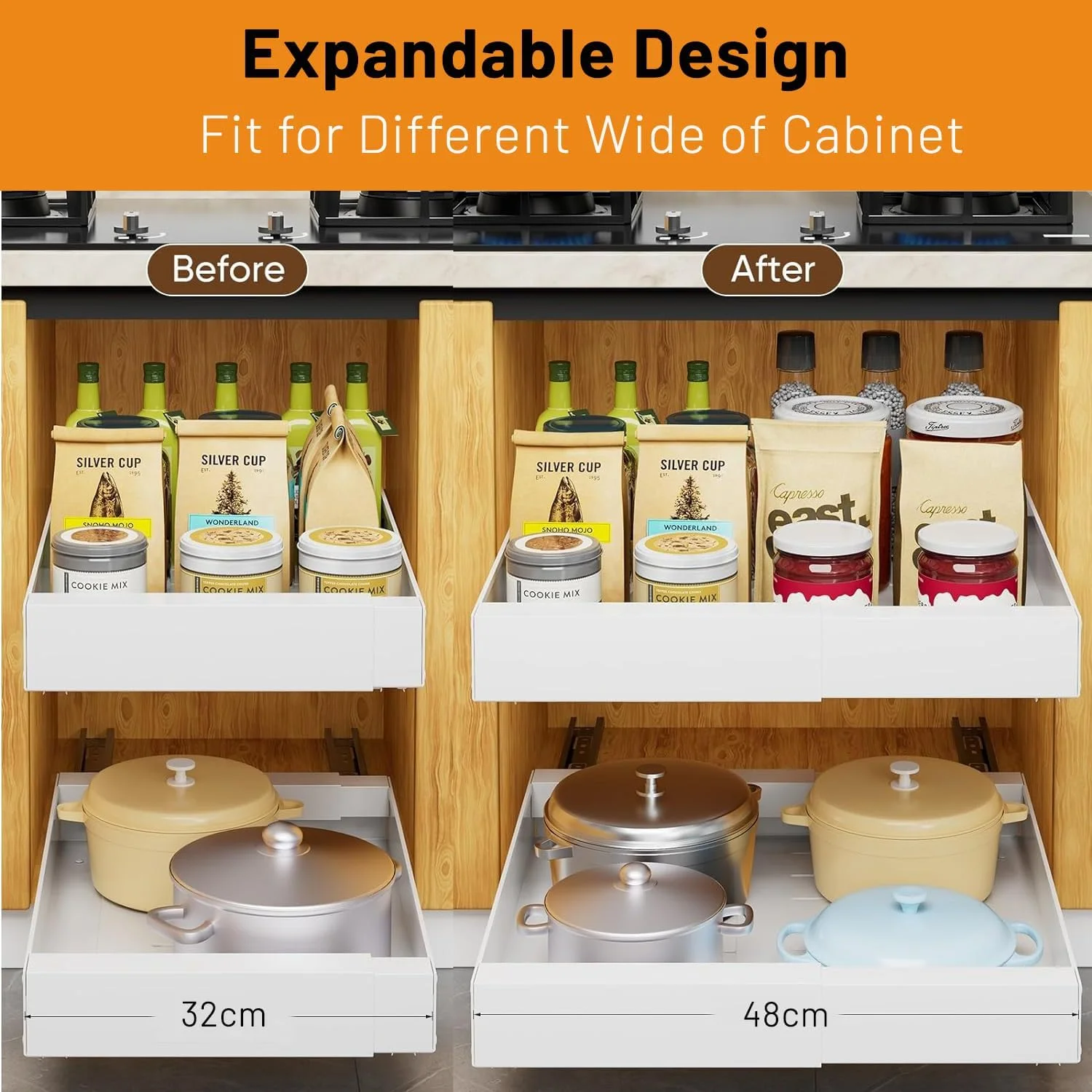 ارگانایزر کابینت کشویی SPNOR، کشوهای کشویی سنگین و قابل گسترش ثابت شده با نانو فیلم چسبی برای قابلمه ها، قفسه کشویی برای سازماندهی کابینت پایه آشپزخانه، حمام، 42 * 32 * 7 سانتی متر