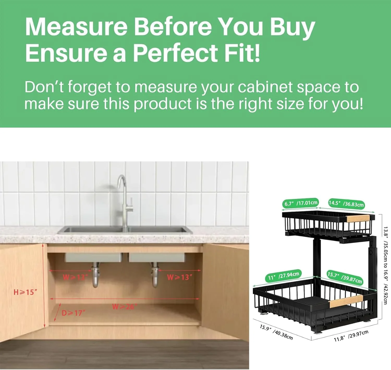 ارگانایزر زیر سینک SPNOR، ارگانایزر و قفسه های دو طبقه زیر سینک، قفسه کشویی کابینت، کشوی فلزی برای سازماندهی کابینت آشپزخانه، حمام، انباری و کمد