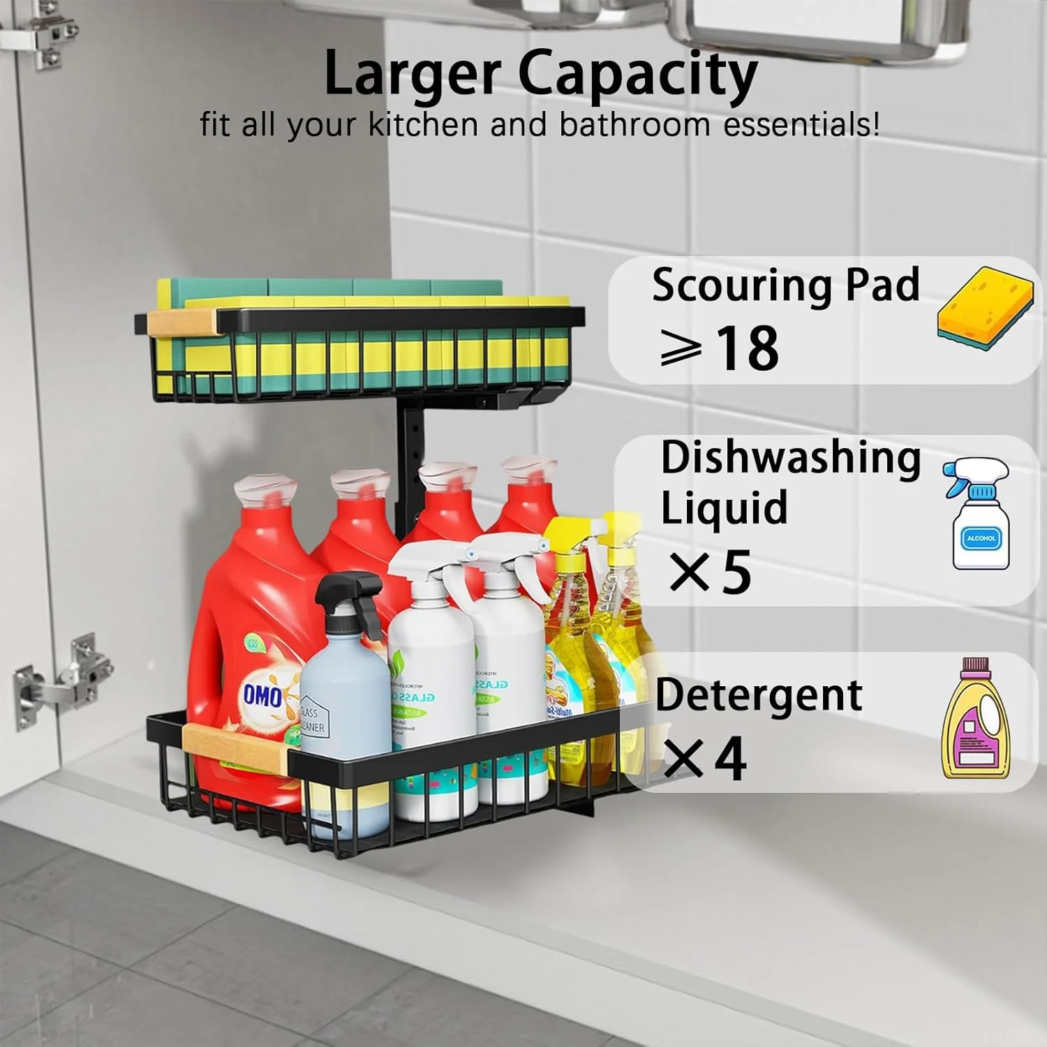 ارگانایزر زیر سینک SPNOR، ارگانایزر و قفسه های دو طبقه زیر سینک، قفسه کشویی کابینت، کشوی فلزی برای سازماندهی کابینت آشپزخانه، حمام، انباری و کمد