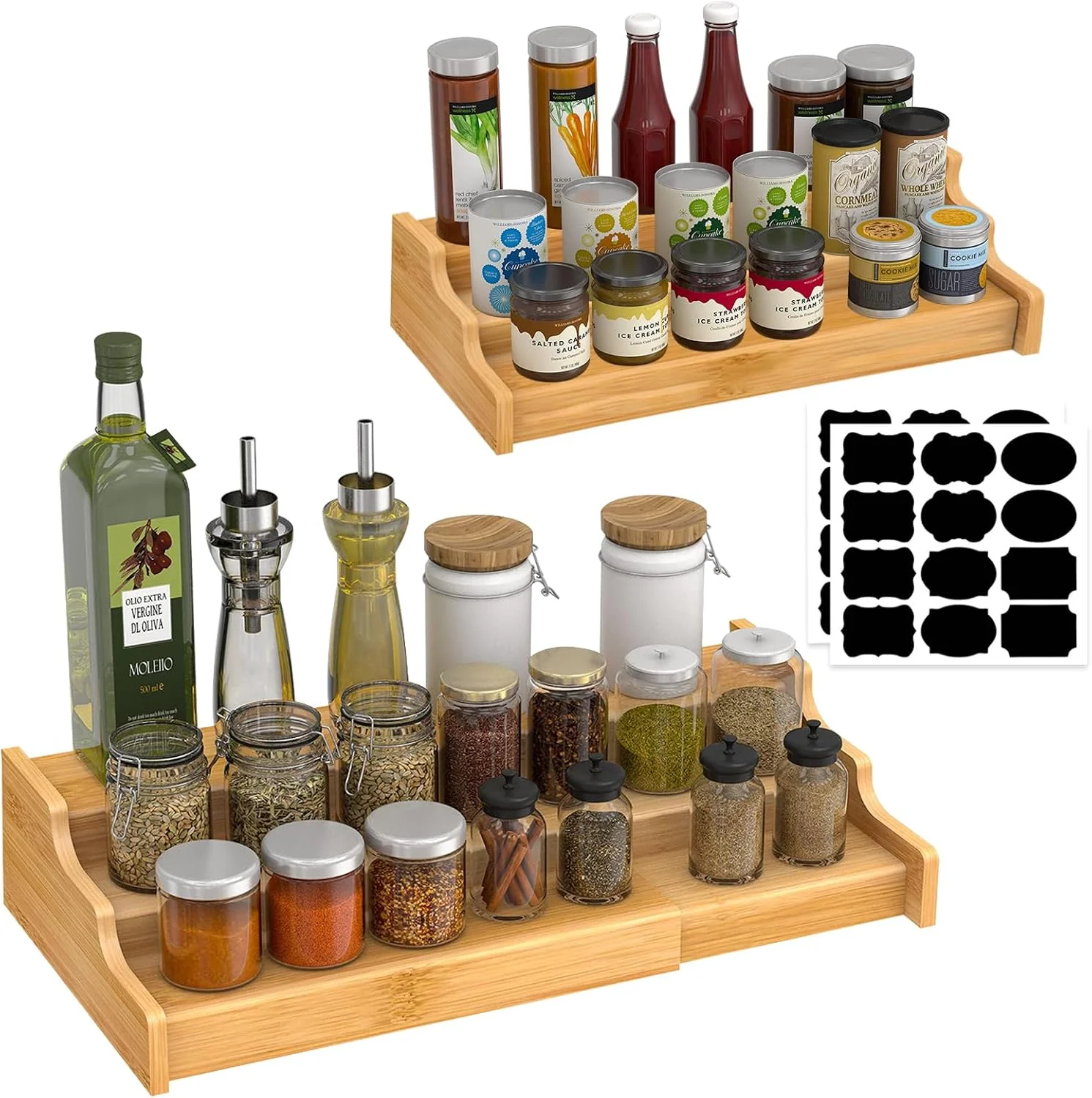 جا ادویه ای اسپاردار، سازمان دهنده کابینت آشپزخانه، قفسه ادویه بامبو 3 طبقه قابل گسترش با برچسب های تخته سیاه، ایده آل برای کابینت آشپزخانه، کمد، انبار، حمام و اتاق خواب