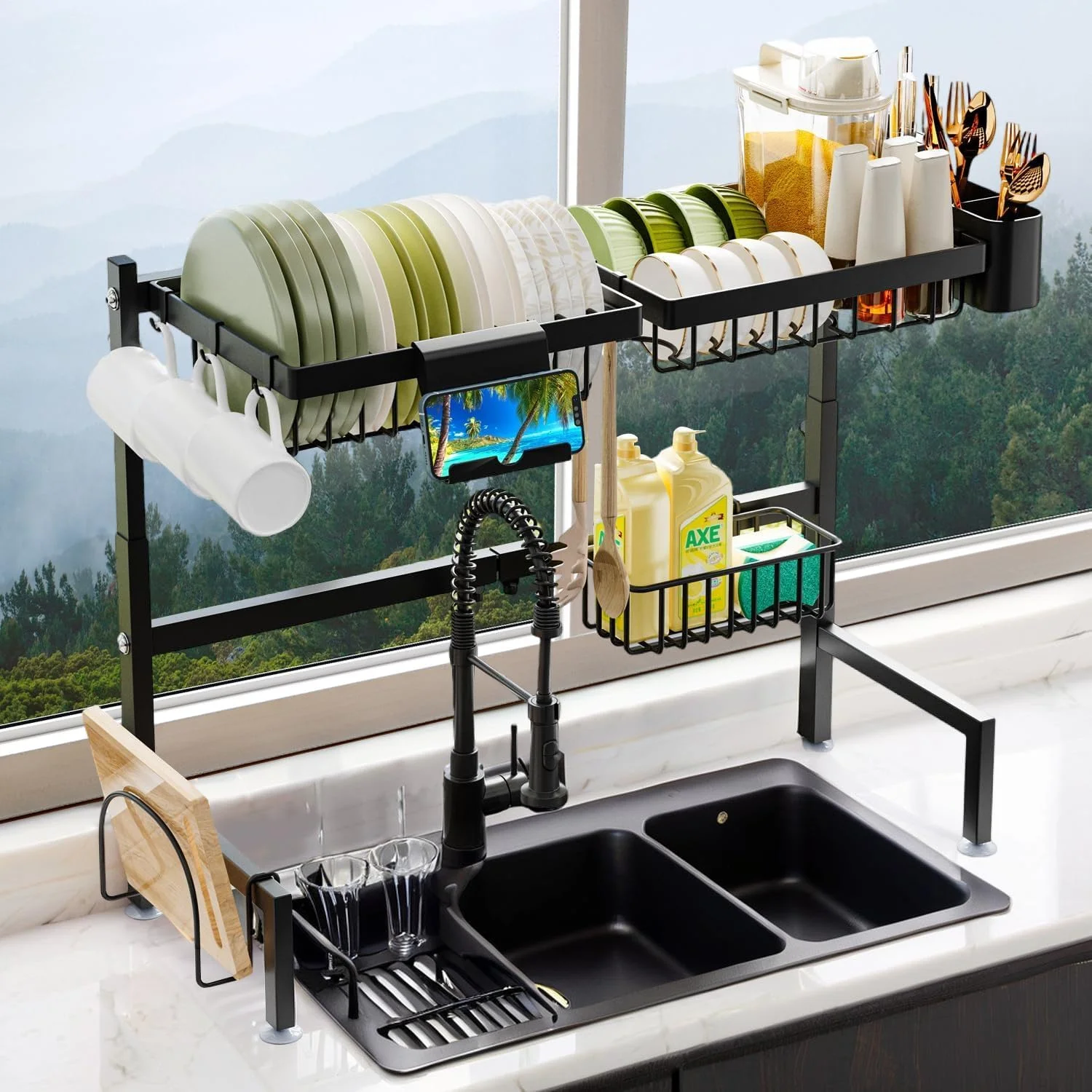 آبچکان ظرفشویی سینک اسپنور (با قابلیت افزایش ارتفاع و طول) طراحی ضربه ای دو طبقه، آبچکان بزرگ، آبچکان استیل با ظرفیت بالا، سازمان دهنده و قفسه چند منظوره آشپزخانه، مشکی