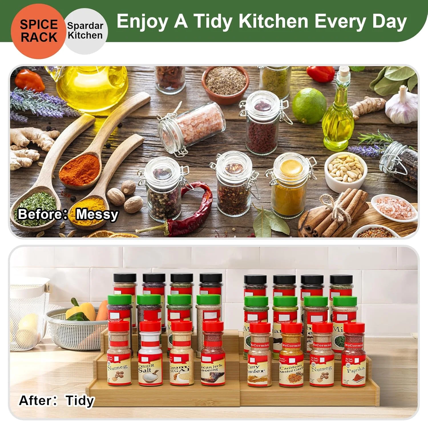 جا ادویه ای اسپاردار، سازمان دهنده کابینت آشپزخانه، قفسه ادویه بامبو 3 طبقه قابل گسترش با برچسب های تخته سیاه، ایده آل برای کابینت آشپزخانه، کمد، انبار، حمام و اتاق خواب