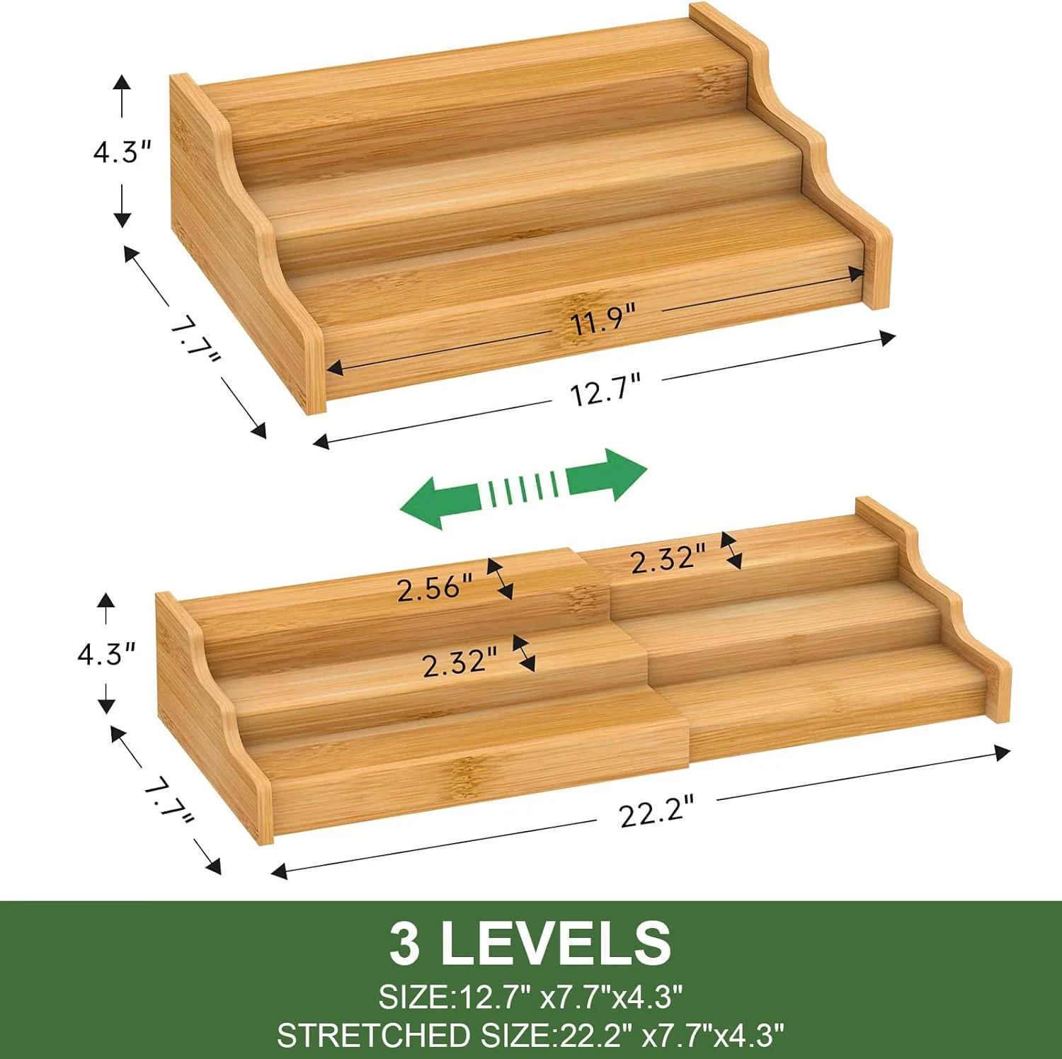 جا ادویه ای اسپاردار، سازمان دهنده کابینت آشپزخانه، قفسه ادویه بامبو 3 طبقه قابل گسترش با برچسب های تخته سیاه، ایده آل برای کابینت آشپزخانه، کمد، انبار، حمام و اتاق خواب