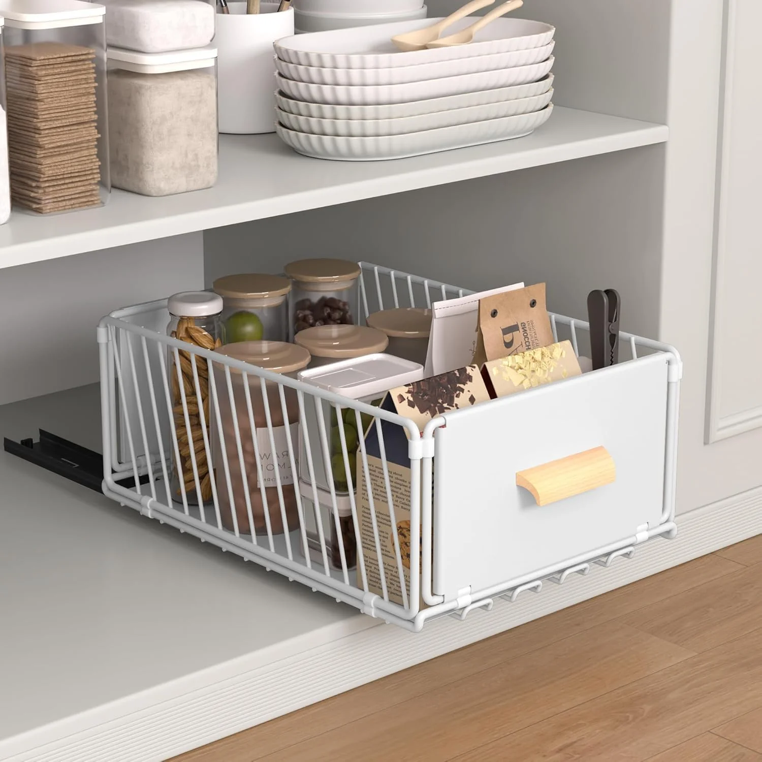 سازمان دهنده کابینت کشویی، قفسه کشویی بدون نیاز به سوراخ کاری با دستگیره های چوبی، کشوهای ذخیره سازی آشپزخانه قابل گسترش برای آشپزخانه، انبار، کابینت ها، کابینت های حمام (سفید، 30cm*40cm)