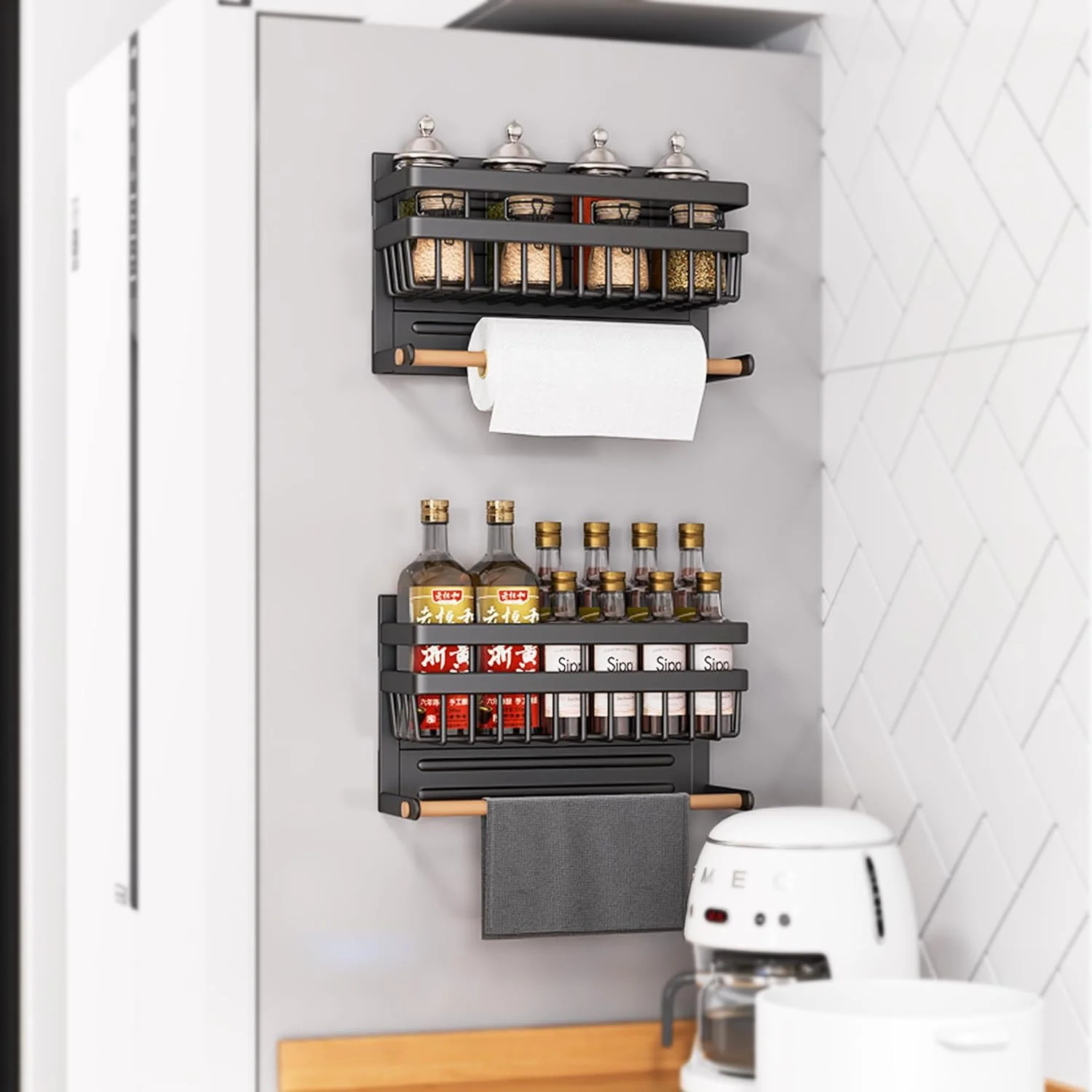 جا ادویه ای Sleclean، بسته 2 عددی، نگهدارنده حوله کاغذی مغناطیسی، سازمان دهنده و نگهدارنده یخچال، قفسه آشپزخانه چند منظوره، 30x11x16 سانتی متر، مشکی