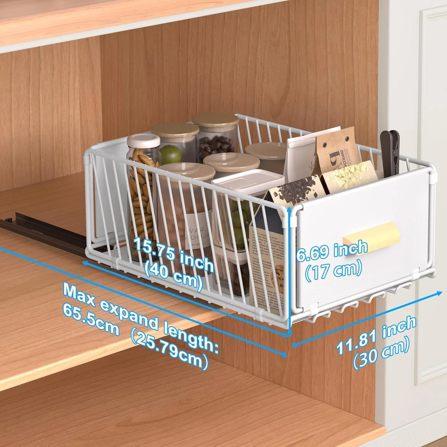 سازمان دهنده کابینت کشویی، قفسه کشویی بدون نیاز به سوراخ کاری با دستگیره های چوبی، کشوهای ذخیره سازی آشپزخانه قابل گسترش برای آشپزخانه، انبار، کابینت ها، کابینت های حمام (سفید، 30cm*40cm)