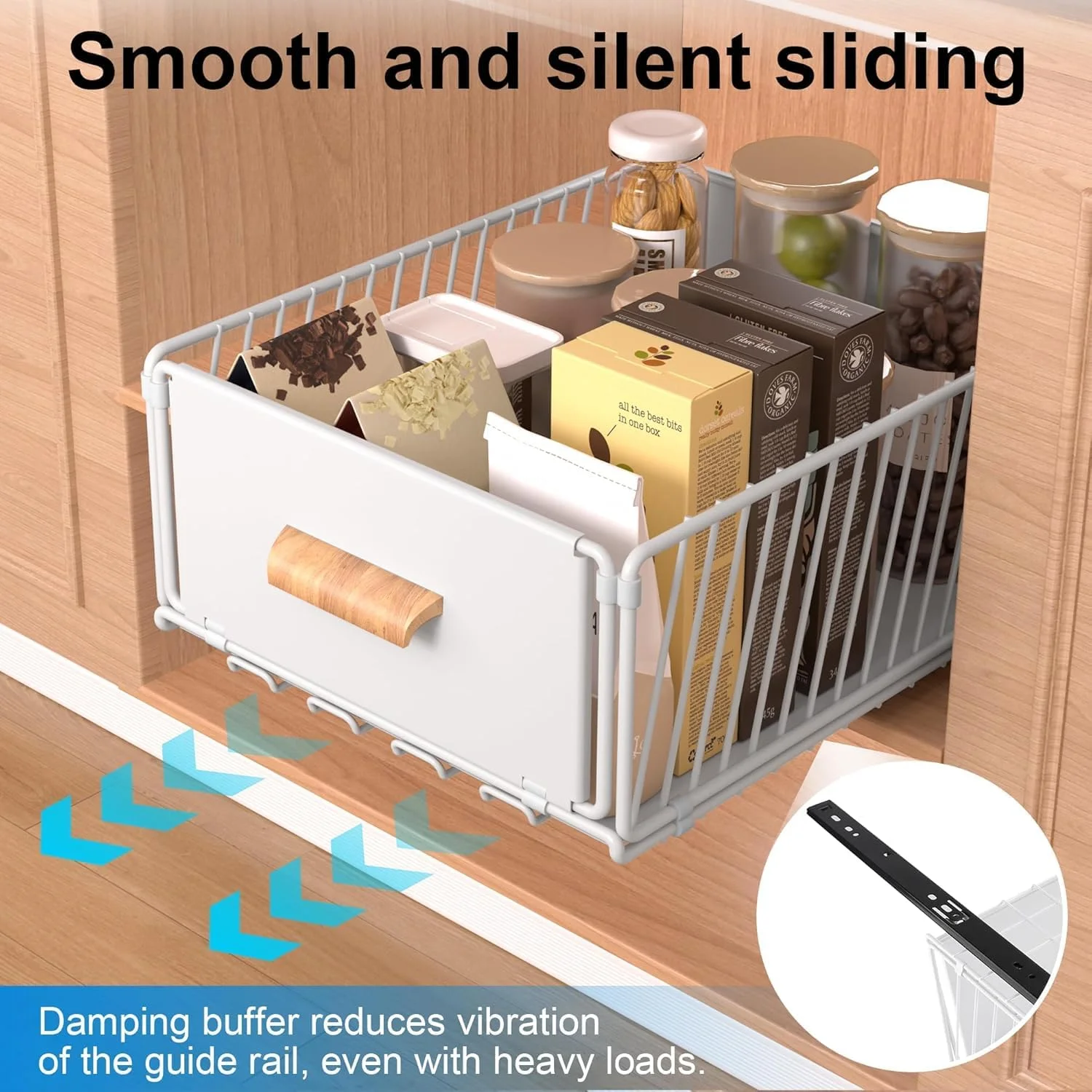 سازمان دهنده کابینت کشویی، قفسه کشویی بدون نیاز به سوراخ کاری با دستگیره های چوبی، کشوهای ذخیره سازی آشپزخانه قابل گسترش برای آشپزخانه، انبار، کابینت ها، کابینت های حمام (سفید، 30cm*40cm)