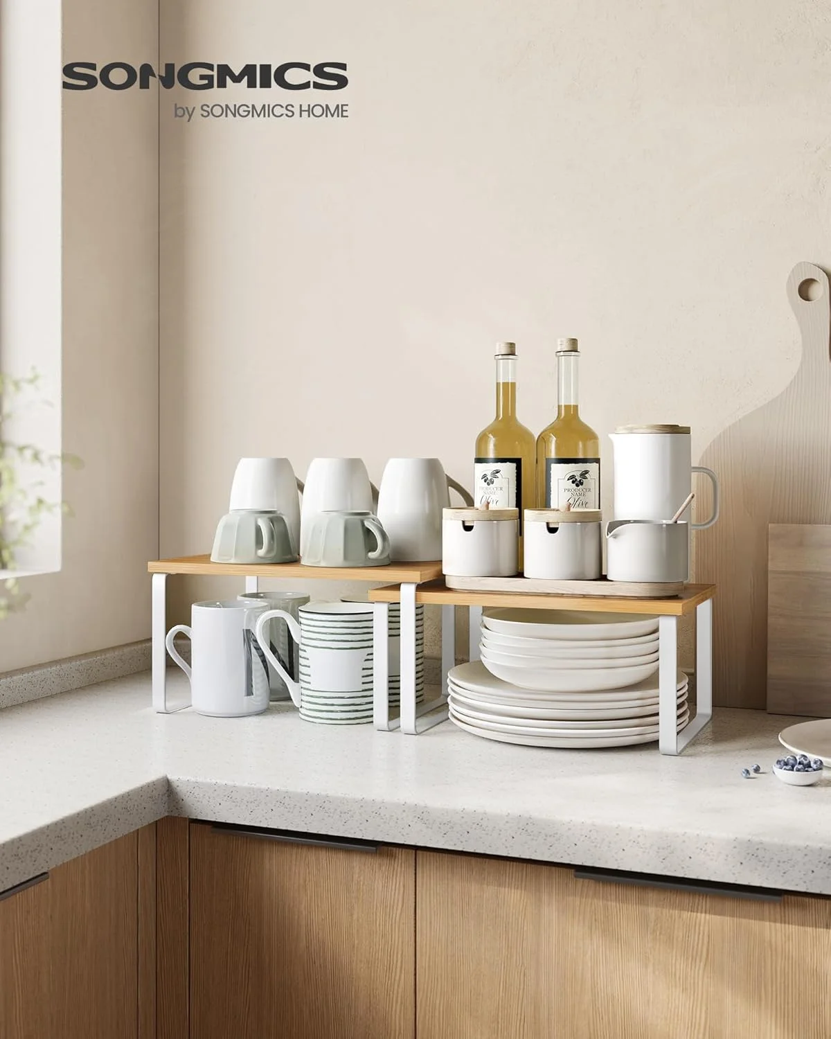 سازمان دهنده قفسه کابینت SONGMICS، ست 2 عددی قفسه پیشخوان آشپزخانه، قابل انباشته، قابل گسترش، فلز و بامبو، سفید و طبیعی UKCS02NW - کوچک