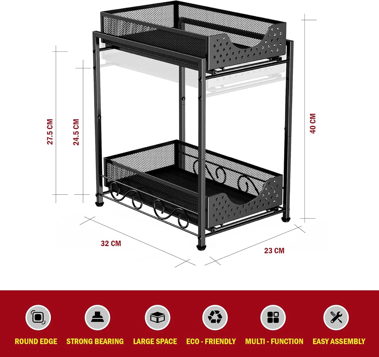 IWAN® - ارگانایزر دو طبقه کشویی زیر سینک برای نگهداری در آشپزخانه و کابینت، چند منظوره و سنگین با قفسه قابل تنظیم ارتفاع، ارگانایزر کابینت آشپزخانه و قفسه نگهداری
