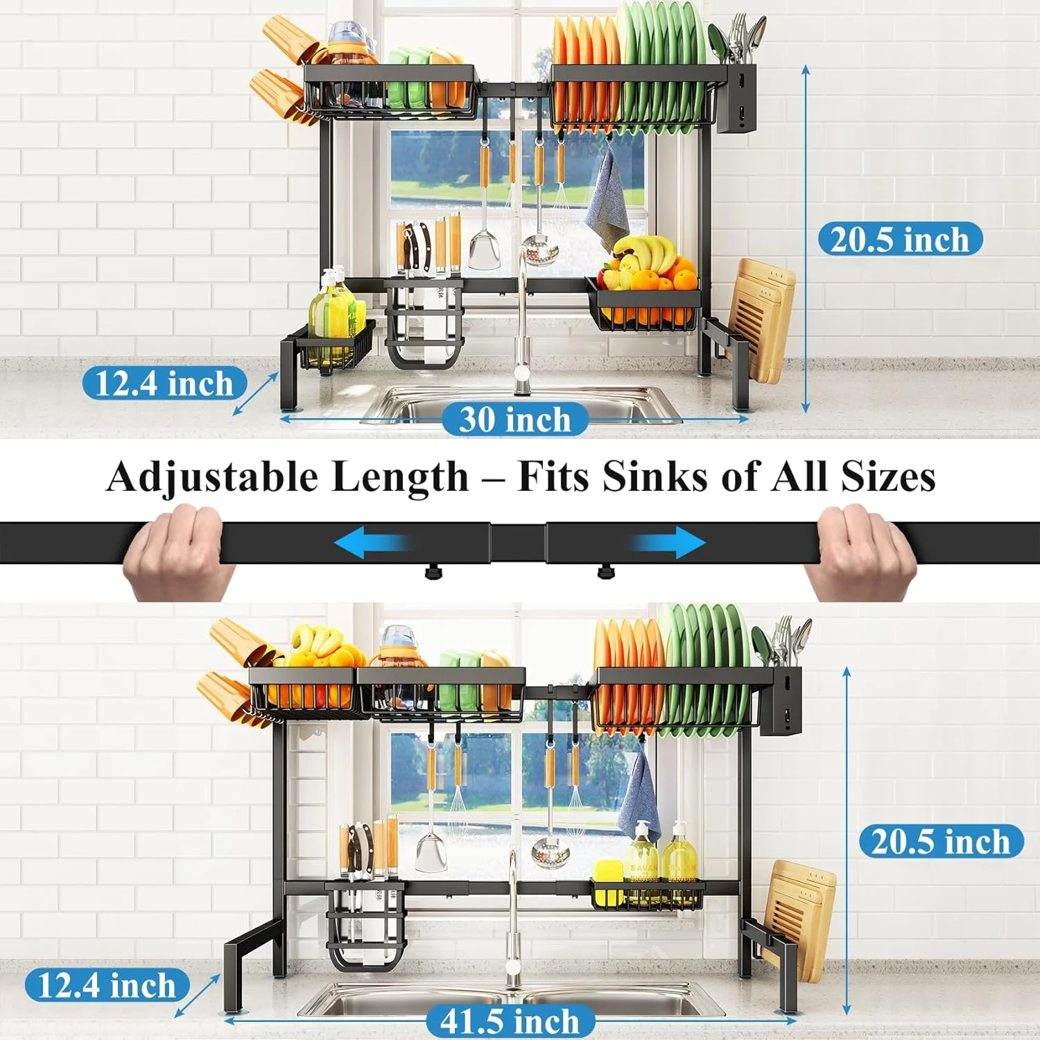 آبچکان ظرفشویی سینک SNTD، با عرض قابل تنظیم (مناسب برای سینک های 81 سانتی متر یا کمتر یا 101 سانتی متر)، استیل ضد زنگ، سازمان دهنده لوازم آشپزخانه، مشکی