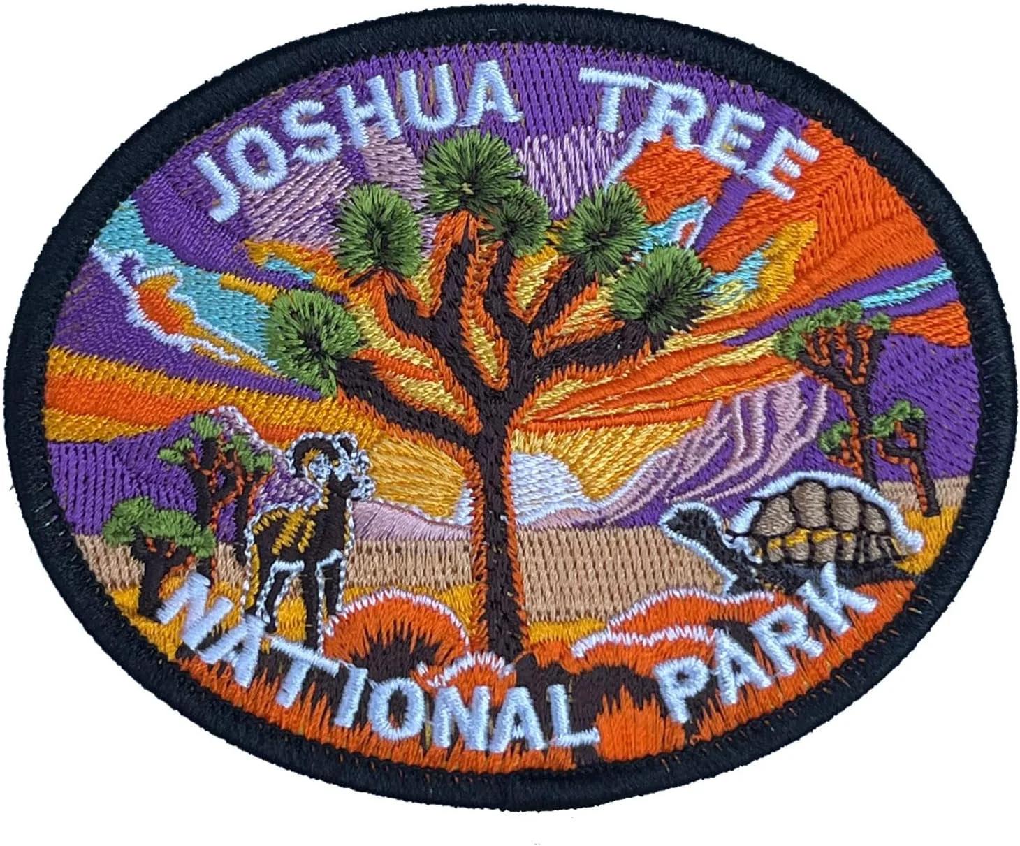 Stitch-Witch 4" Joshua Tree National Park Embroidered iron on Patch, Desert Bighorn Sheep, Desert Tortoise, Cactus, Sunset