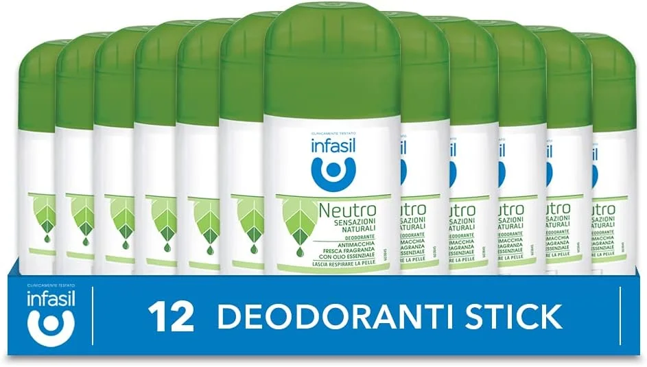 استیک دئودورانت اینفاسیل Neutro Natural Sensazioni ضد لک بدون نمک آلومینیوم، موثر تا 24 ساعت، رایحه با روغن های ضروری، سازگار با پوست، 12 عدد دئودورانت 50 میلی لیتری