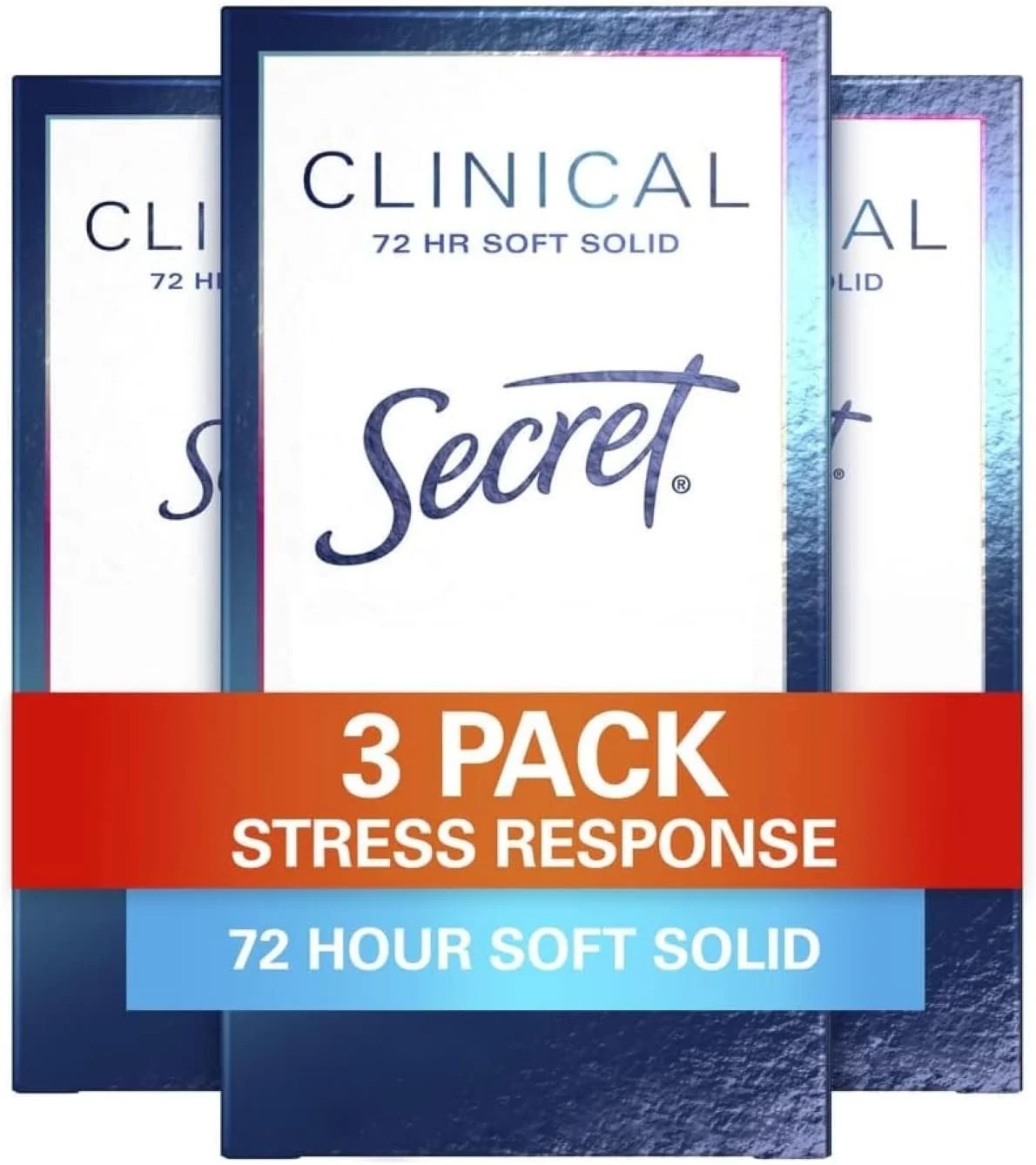 مام ضد تعریق و دئودورانت زنانه سکرت کلینیکال استرنگ، پاسخ به استرس، محافظت 3 برابر در برابر استرس، محافظت 72 ساعته در برابر تعریق و بو، مواد معدنی متعادل کننده PH، جامد نرم، 45 گرم (بسته 3 عددی)