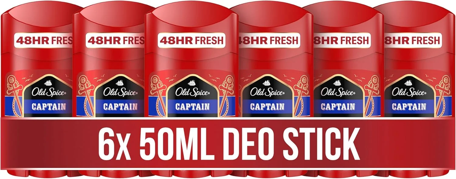 استیک دئودورانت مردانه اولد اسپایس Captain، 6 عدد 50 میلی لیتری، طراوت 24/7 با استفاده روزانه، رایحه ماندگار با کیفیت عطر، محافظت در برابر بو، بدون نمک آلومینیوم، نامرئی روی لباس های سیاه و سفید