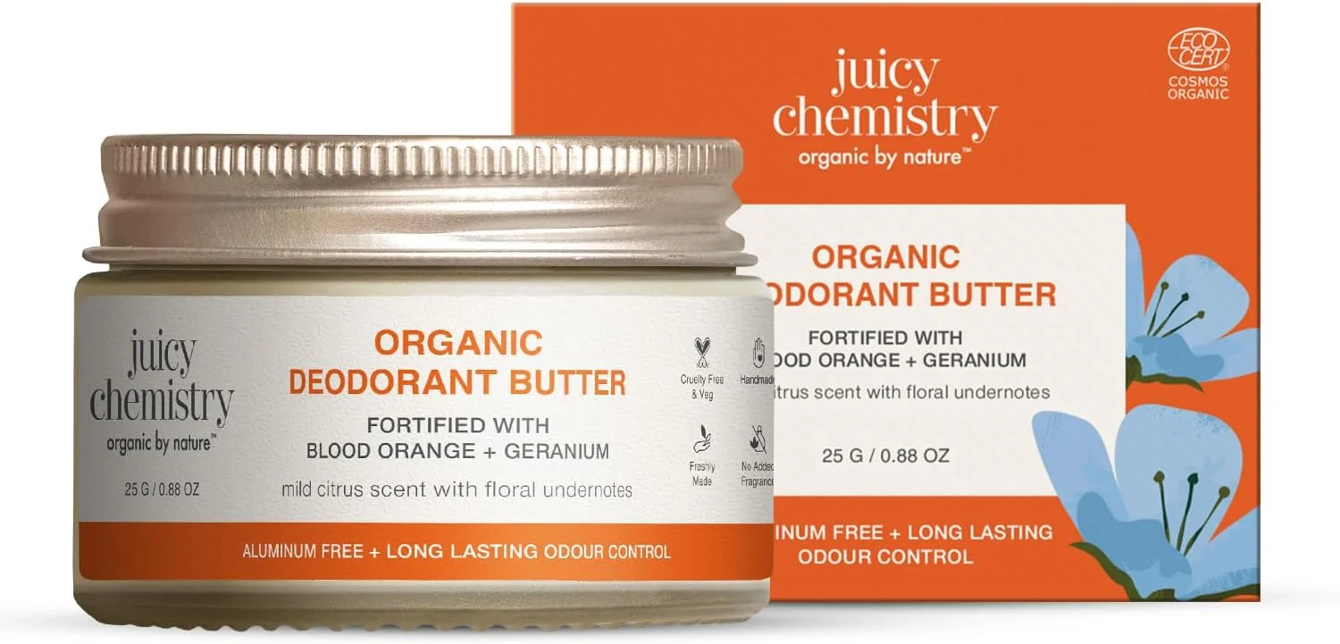 دئودورانت ارگانیک خونی پرتقال و شمعدانی Juicy Chemistry، 25 گرم | دئودورانت برای زنان و مردان | دئودورانت روشن کننده و عطر بدن | کاهش رنگدانه | رایحه مرکبات ماندگار | ایمن برای