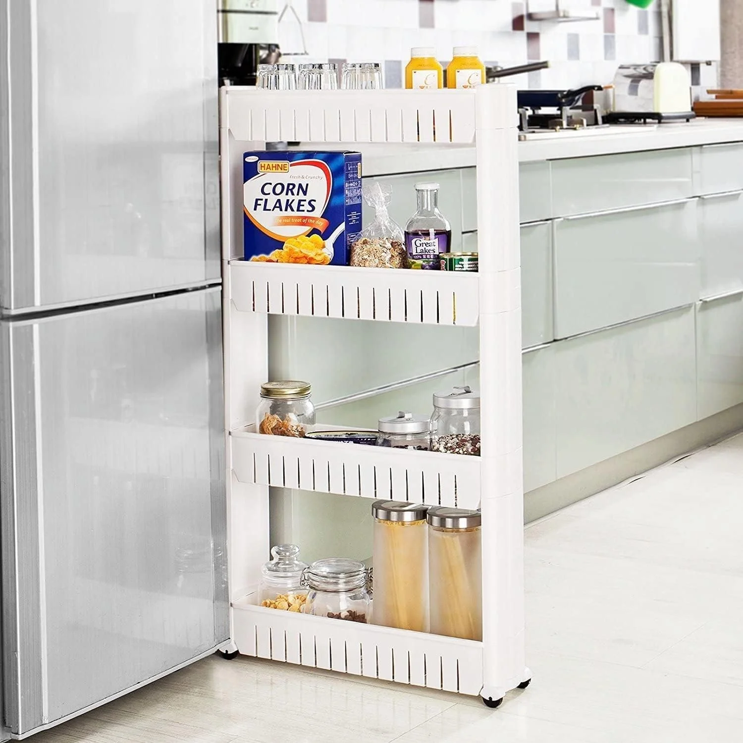SKY-TOUCH 4 Tier Kitchen Plastic Storage Shelf Slim, Mobile Narrow Rolling Cart with Wheels, Storage Cart for Kitchen Bathroom Laundry Office Narrow Places