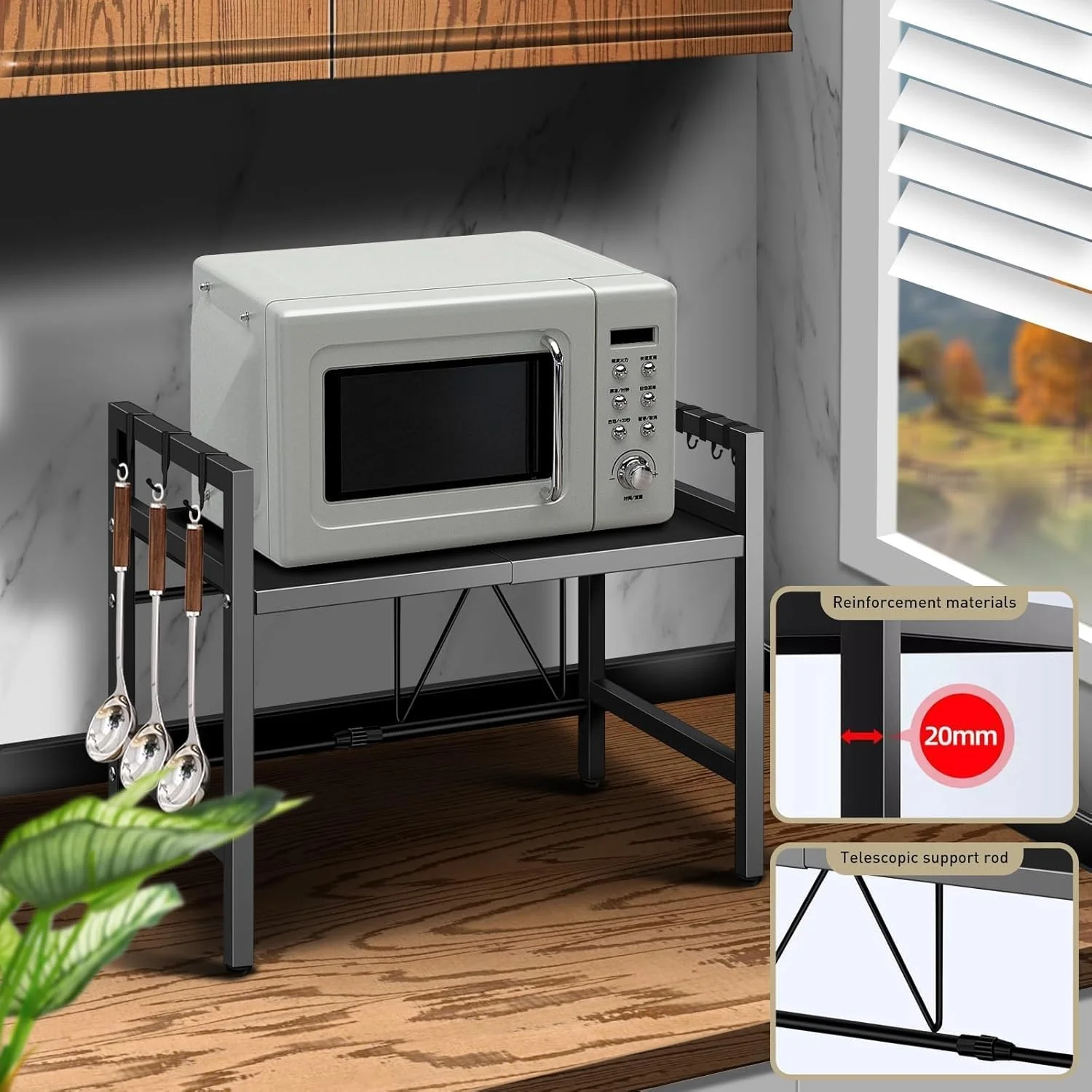 SKY-TOUCH Microwave Oven Rack, Expandable Microwave Stand with 6 Hooks, Kitchen Utensils Tableware Storage for Kitchen Dining Room SKY-TOUCH Microwave Oven Rack, Expandable Microwave Stand with 6 Hooks, Kitchen Utensils Tableware Storage for Kitchen Dining Room