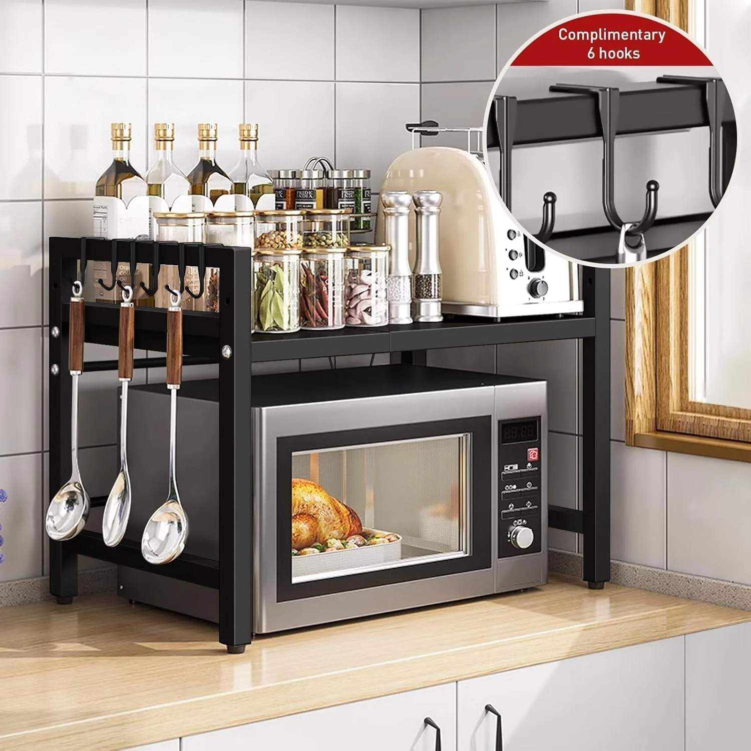 SKY-TOUCH Microwave Oven Rack, Expandable Microwave Stand with 6 Hooks, Kitchen Utensils Tableware Storage for Kitchen Dining Room SKY-TOUCH Microwave Oven Rack, Expandable Microwave Stand with 6 Hooks, Kitchen Utensils Tableware Storage for Kitchen Dining Room