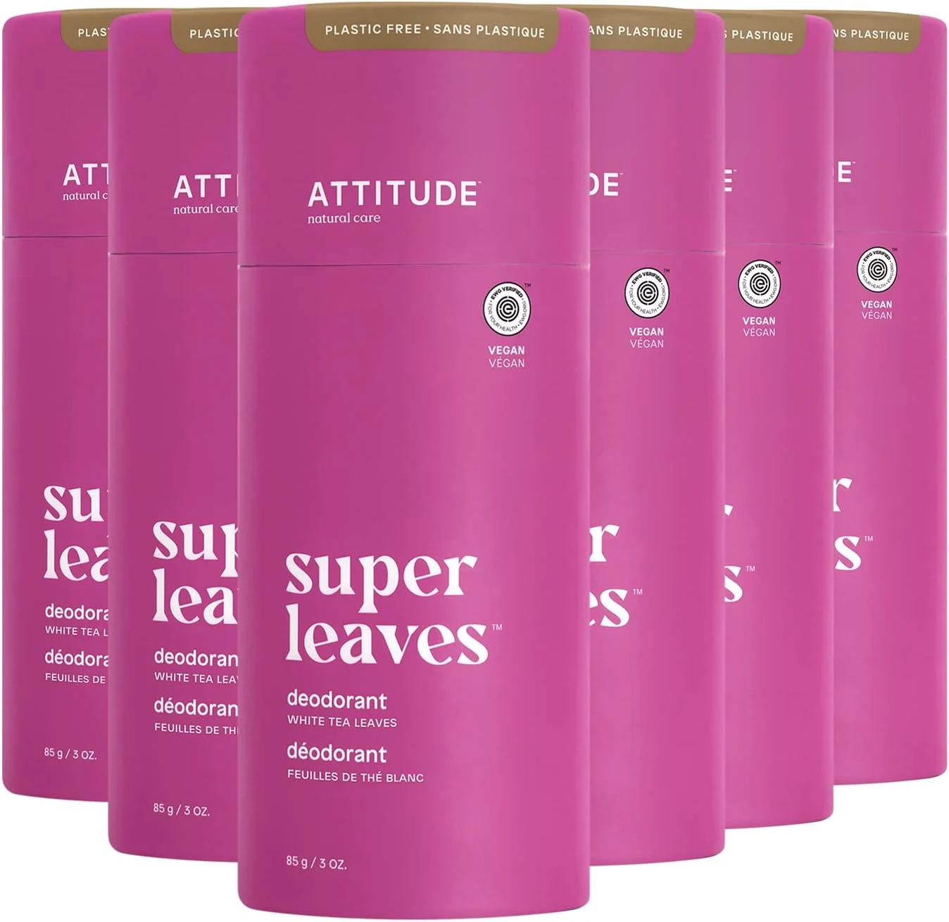 دئودورانت طبیعی بدون پلاستیک و آلومینیوم ATTITUDE، بسته بندی مقوایی تجزیه پذیر و ضد حساسیت، رایحه برگ چای سفید، 85 گرم، بسته 6 عددی، 11997