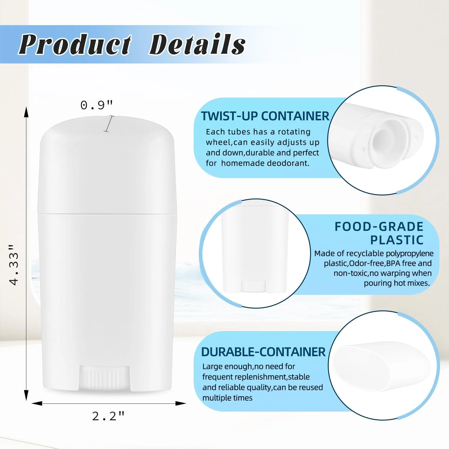 DMuuuDM بسته 15 عددی ظروف پلاستیکی دئودورانت 50 میلی لیتری، ظروف خالی گرد چرخشی برای دئودورانت، صابون اصلاح، بالم پاشنه پا، لوسیون جامد - پر کردن از بالا، سفید