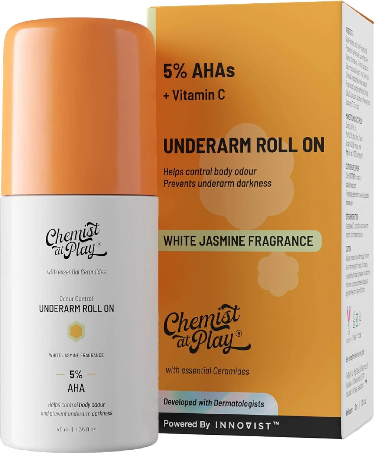 رول ضد تعریق زیر بغل Chemist at Play حاوی 5% AHA (لاکتیک و ماندلیک اسید) | جلوگیری از بوی نامطبوع، روشن کننده و لایه بردار پوست زیر بغل | مناسب پوست حساس | رایحه یاس سفید | فاقد الکل و آلومینیوم | 40 میلی لیتر