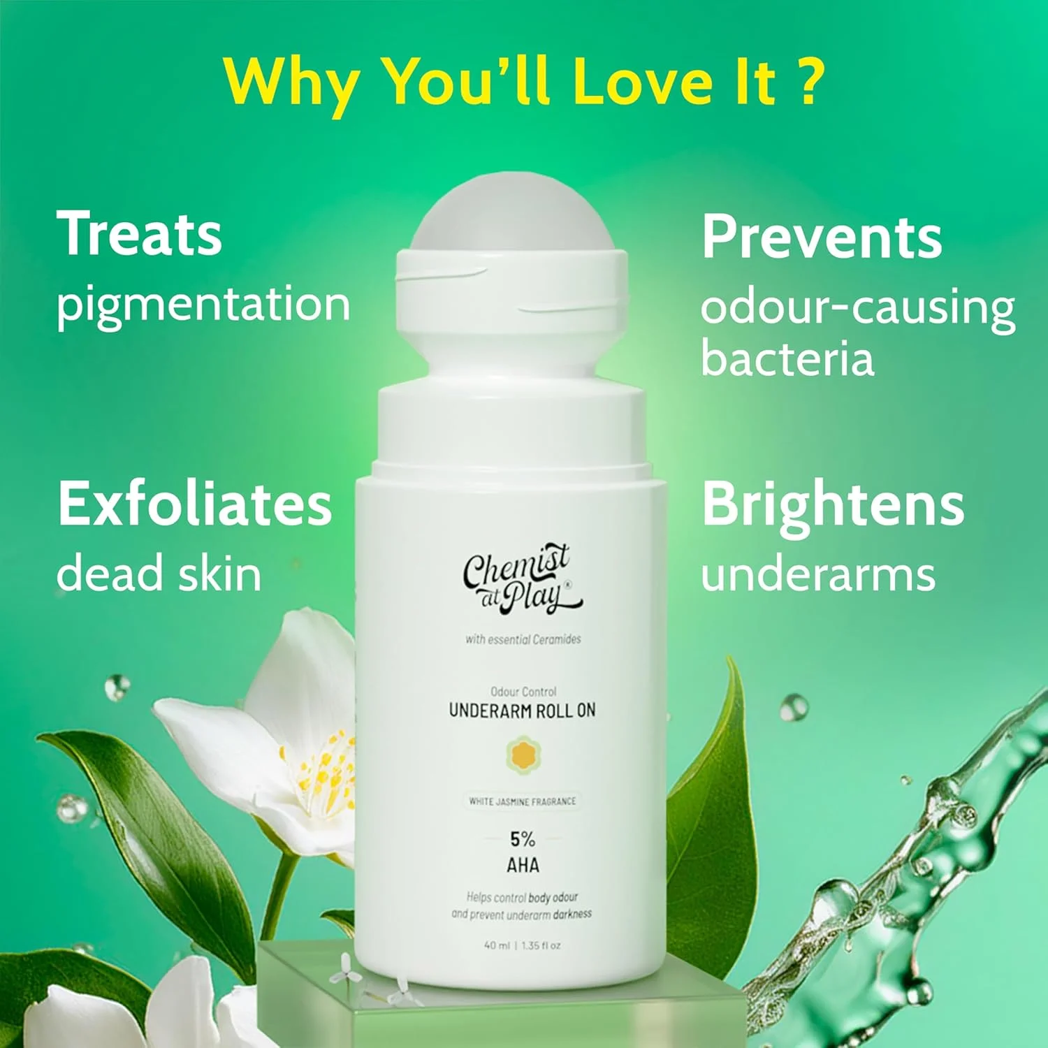 رول ضد تعریق زیر بغل Chemist at Play حاوی 5% AHA (لاکتیک و ماندلیک اسید) | جلوگیری از بوی نامطبوع، روشن کننده و لایه بردار پوست زیر بغل | مناسب پوست حساس | رایحه یاس سفید | فاقد الکل و آلومینیوم | 40 میلی لیتر